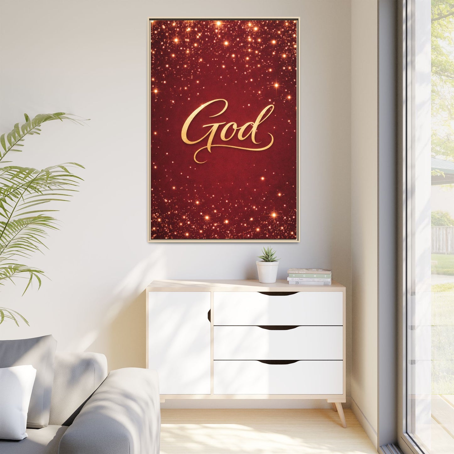 Framed Canvas Wall Art - "God" Gold Script on Red Sparkle Background
