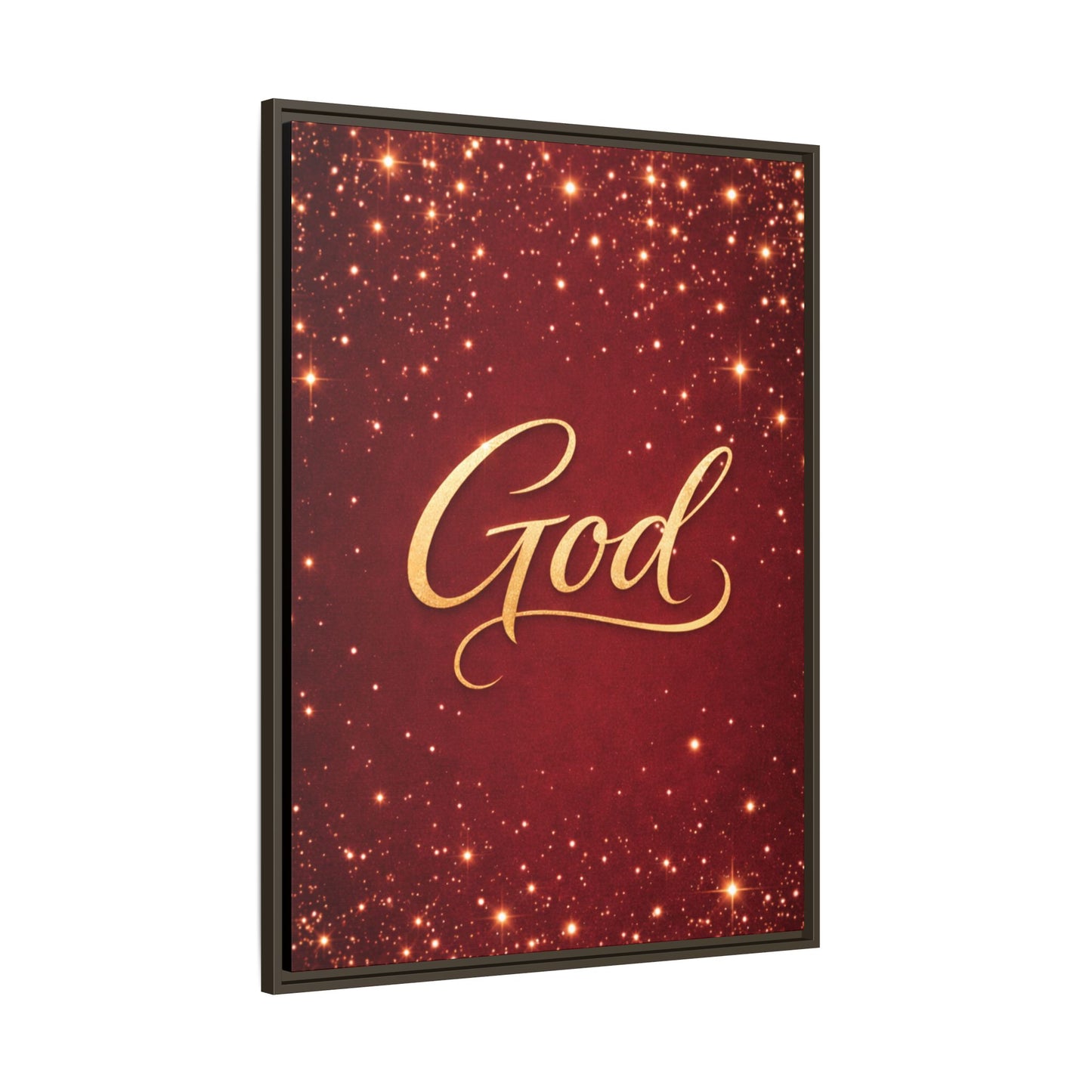 Framed Canvas Wall Art - "God" Gold Script on Red Sparkle Background