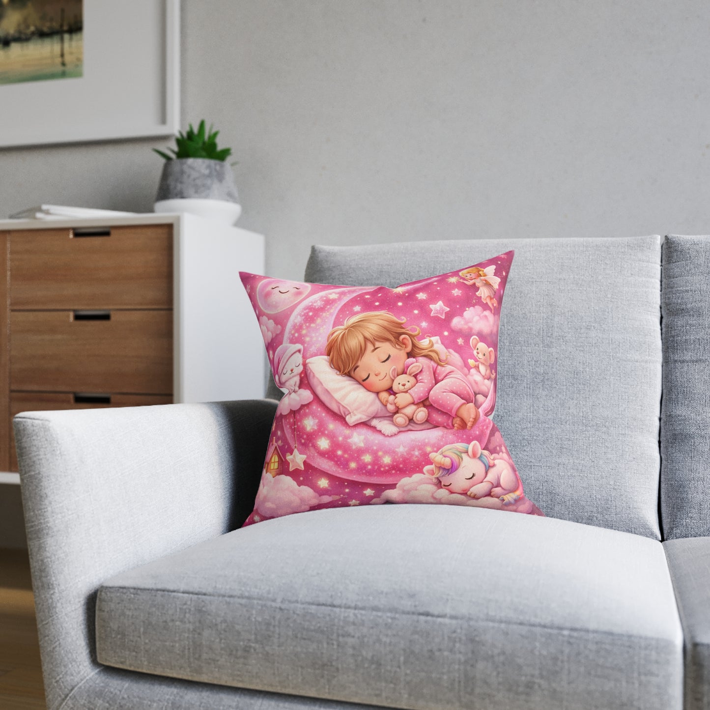 Sleeping Girl on Moon Pillow | Pink Nursery Decorative Pillow