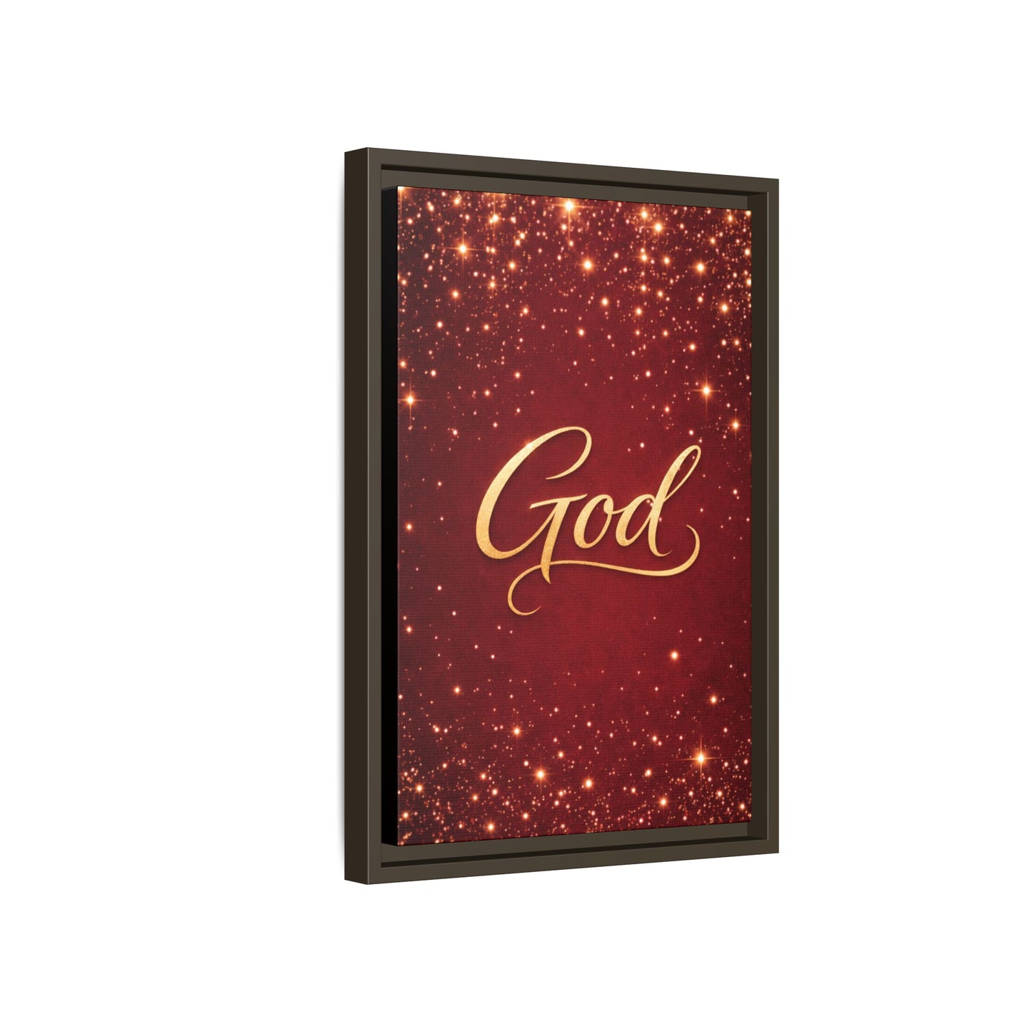 Framed Canvas Wall Art - "God" Gold Script on Red Sparkle Background