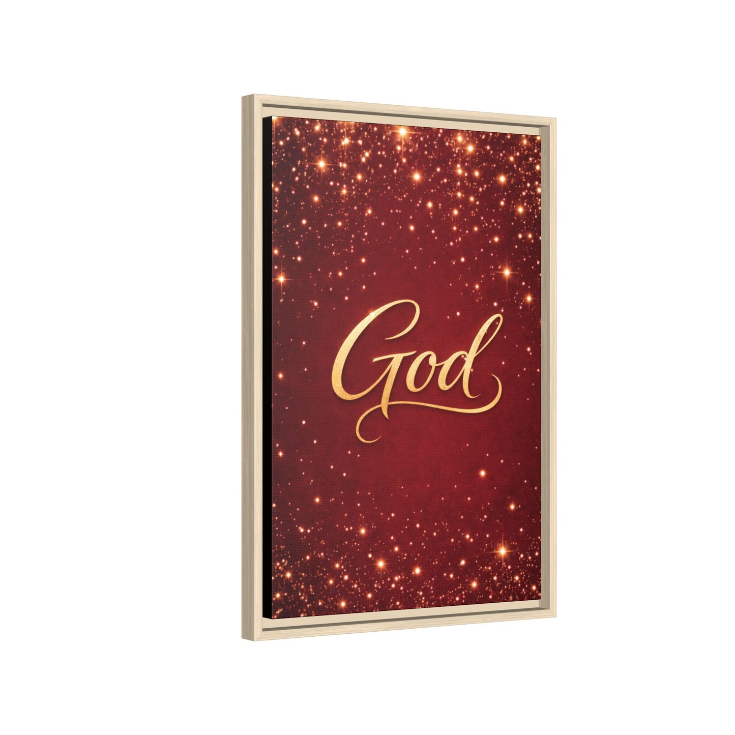Framed Canvas Wall Art - "God" Gold Script on Red Sparkle Background
