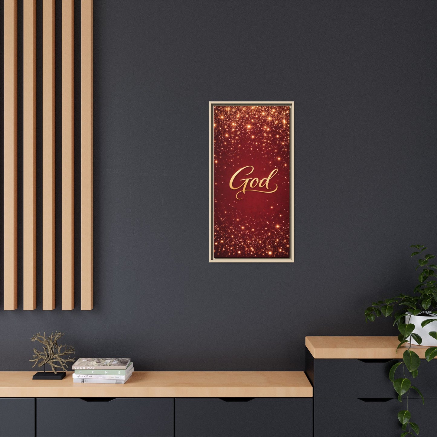 Framed Canvas Wall Art - "God" Gold Script on Red Sparkle Background