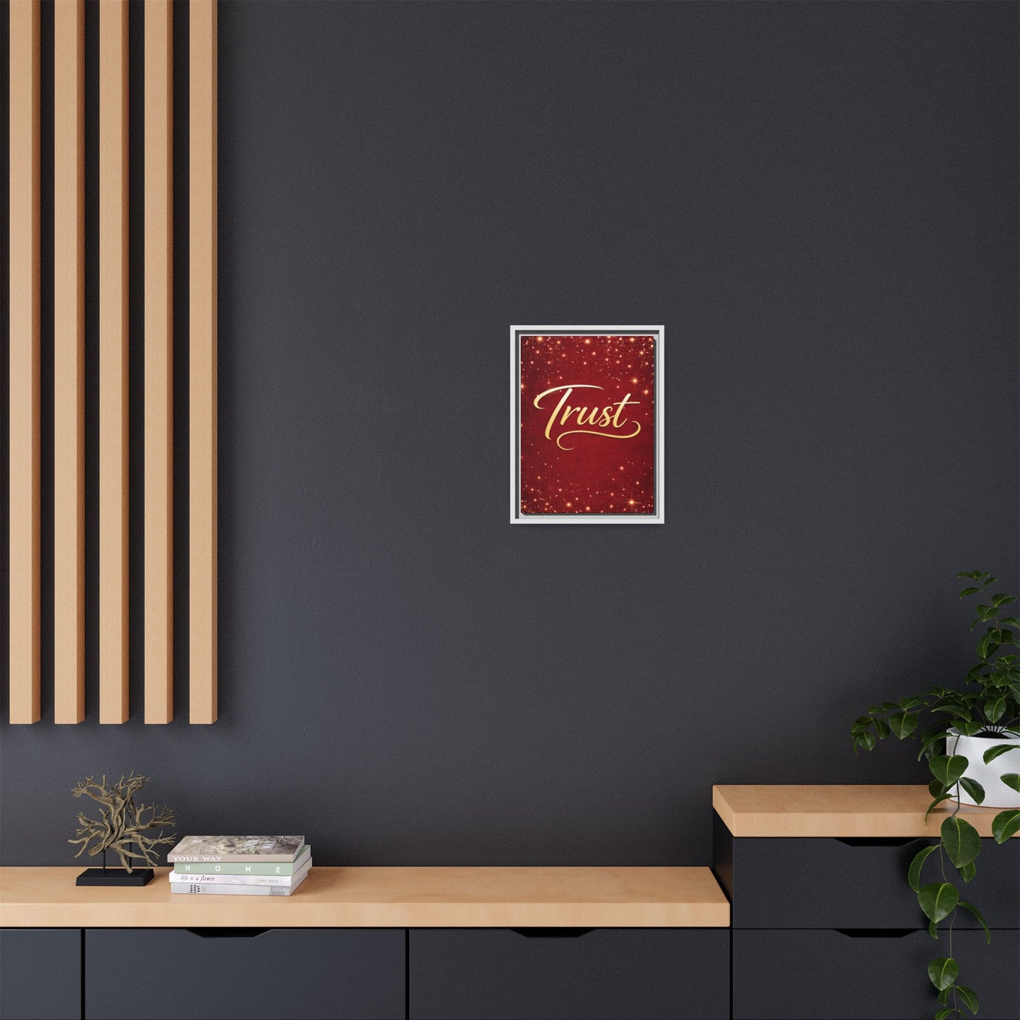 Trust Framed Canvas Wall Art — Gold Script on Sparkling Red Matte