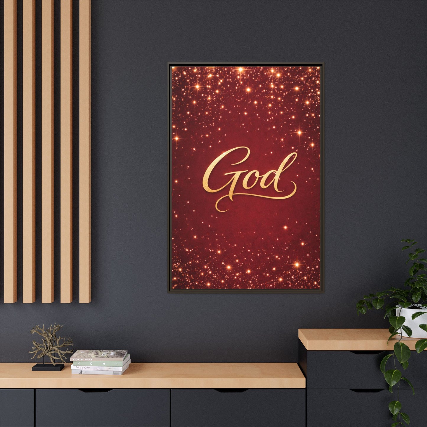 Framed Canvas Wall Art - "God" Gold Script on Red Sparkle Background