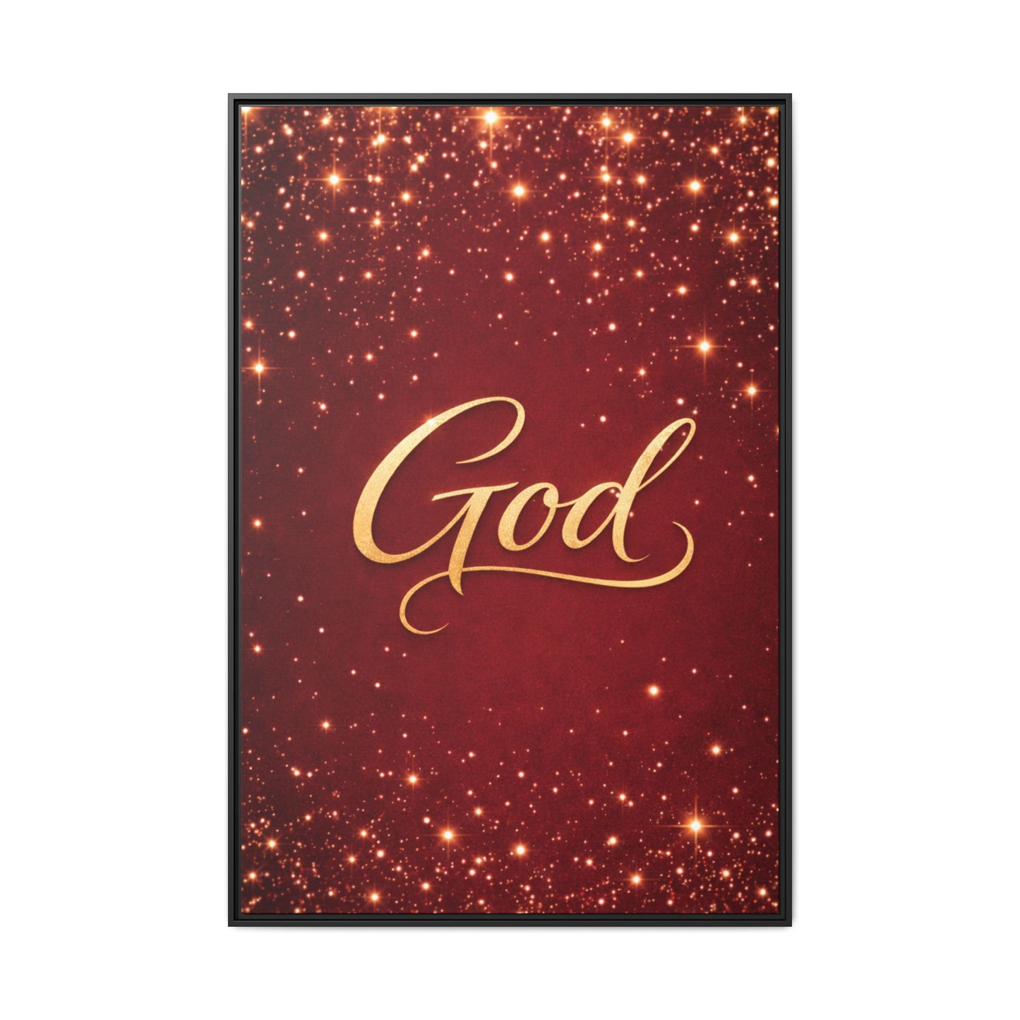 Framed Canvas Wall Art - "God" Gold Script on Red Sparkle Background