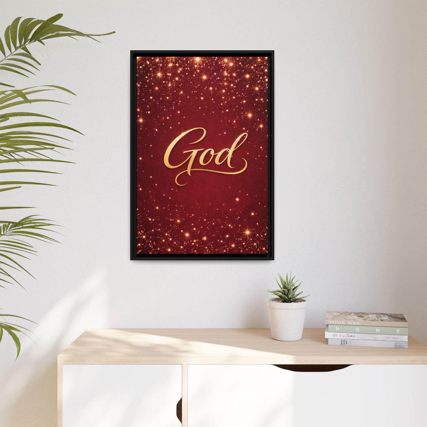 Framed Canvas Wall Art - "God" Gold Script on Red Sparkle Background