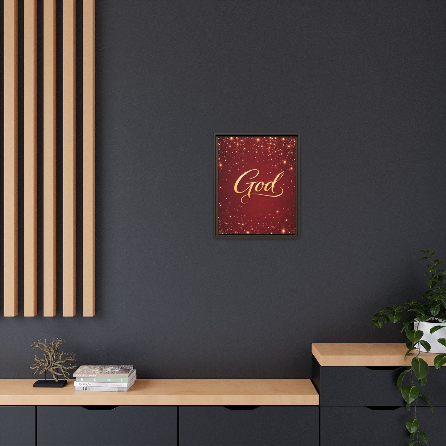 Framed Canvas Wall Art - "God" Gold Script on Red Sparkle Background