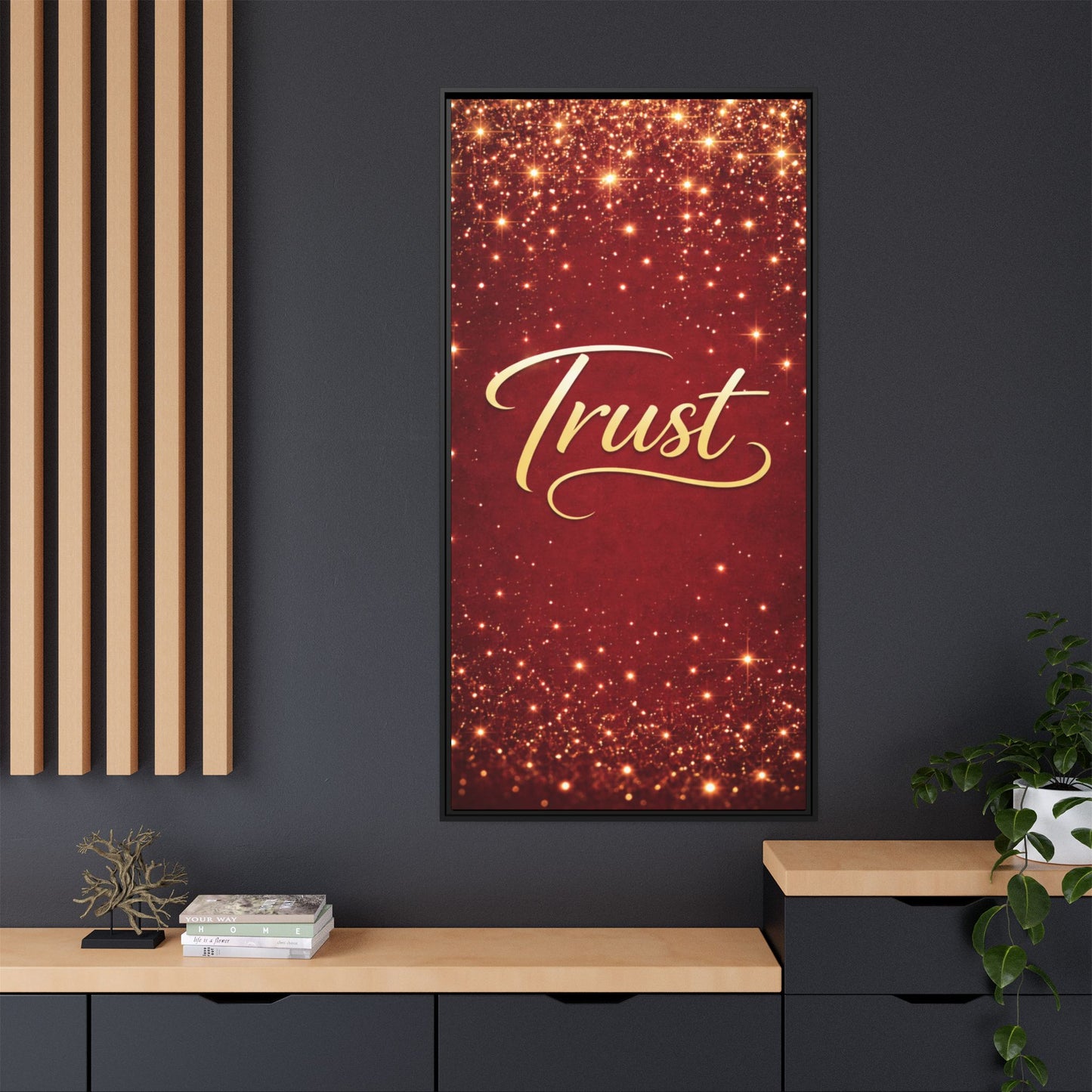 Trust Framed Canvas Wall Art — Gold Script on Sparkling Red Matte