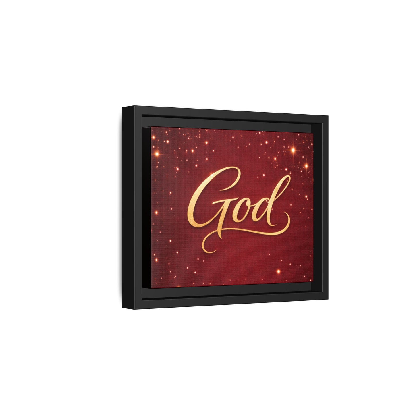 Framed Canvas Wall Art - "God" Gold Script on Red Sparkle Background