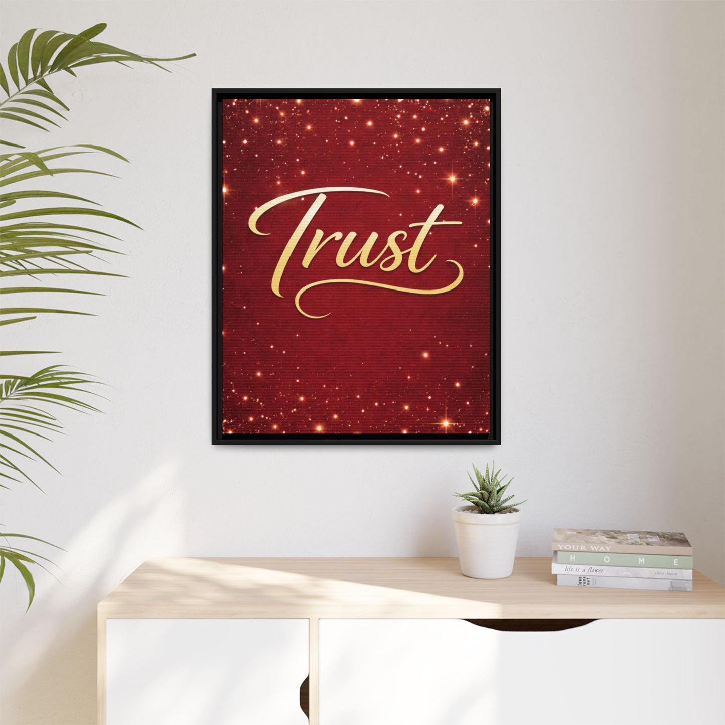 Trust Framed Canvas Wall Art — Gold Script on Sparkling Red Matte