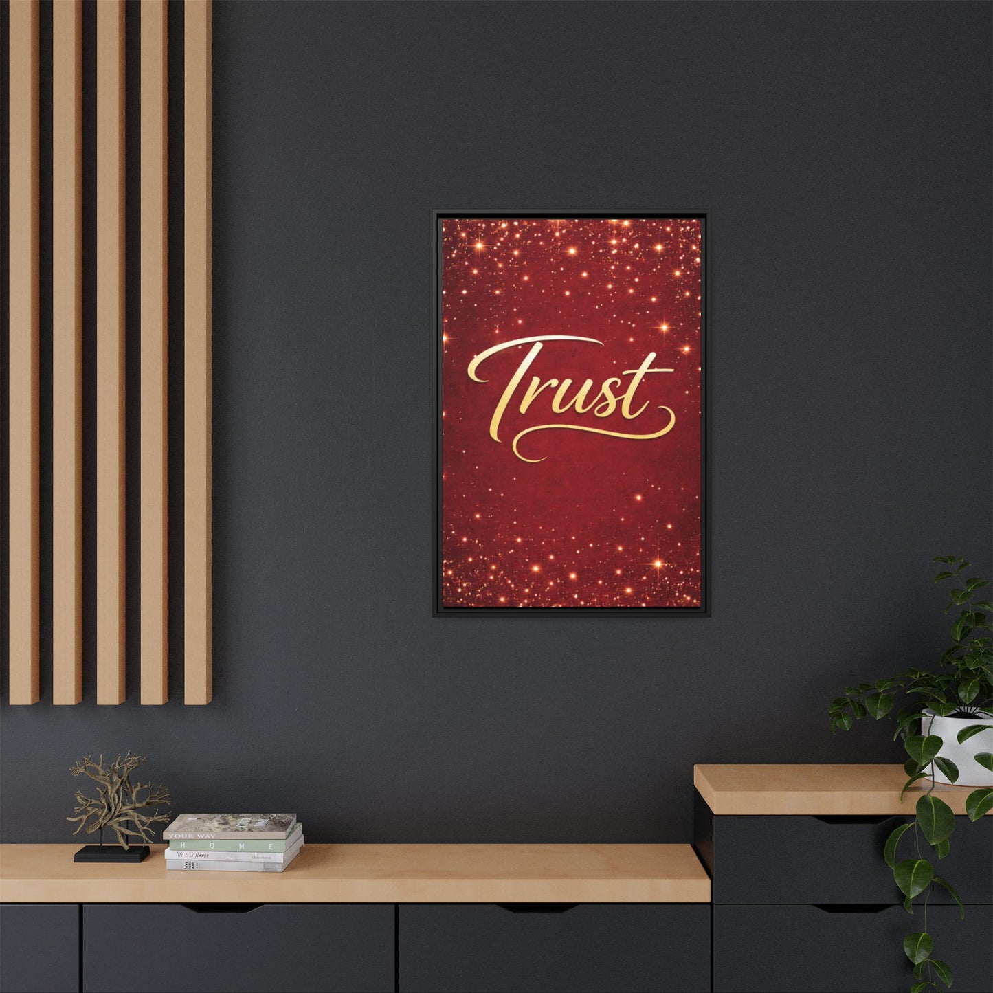 Trust Framed Canvas Wall Art — Gold Script on Sparkling Red Matte