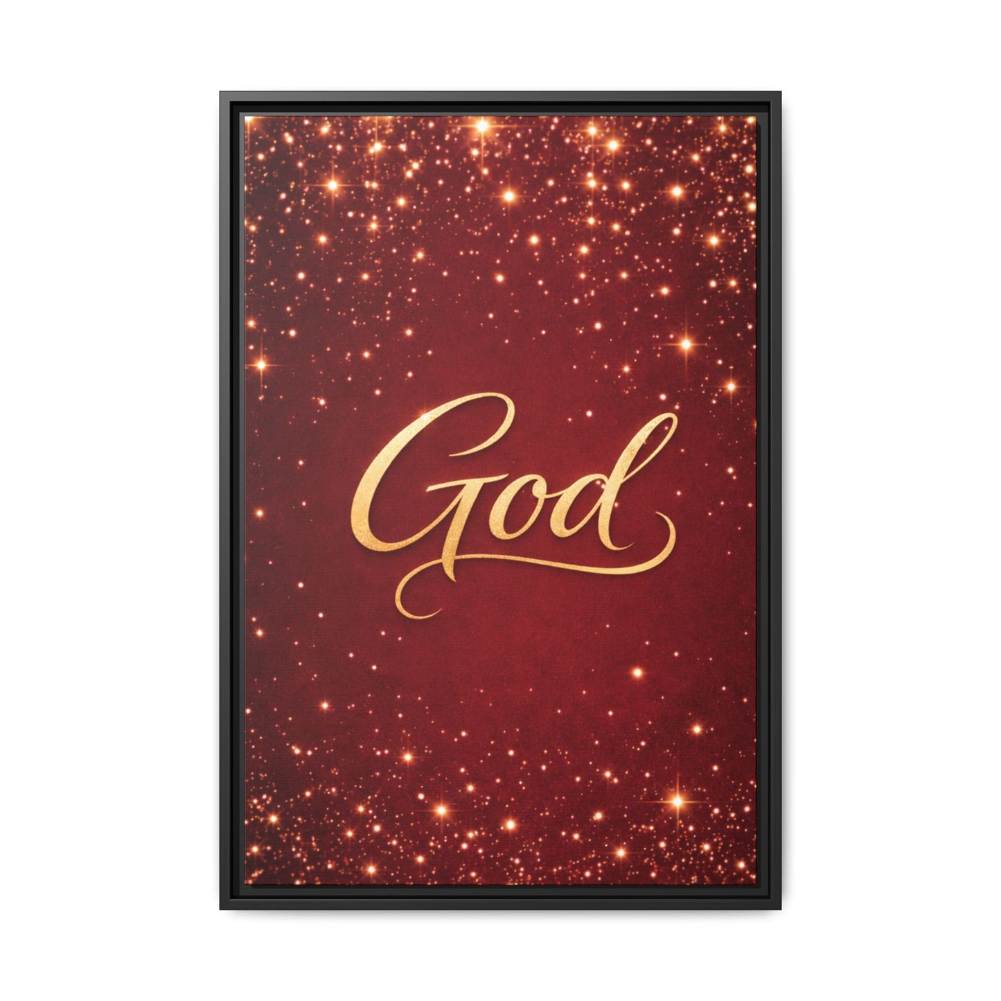 Framed Canvas Wall Art - "God" Gold Script on Red Sparkle Background