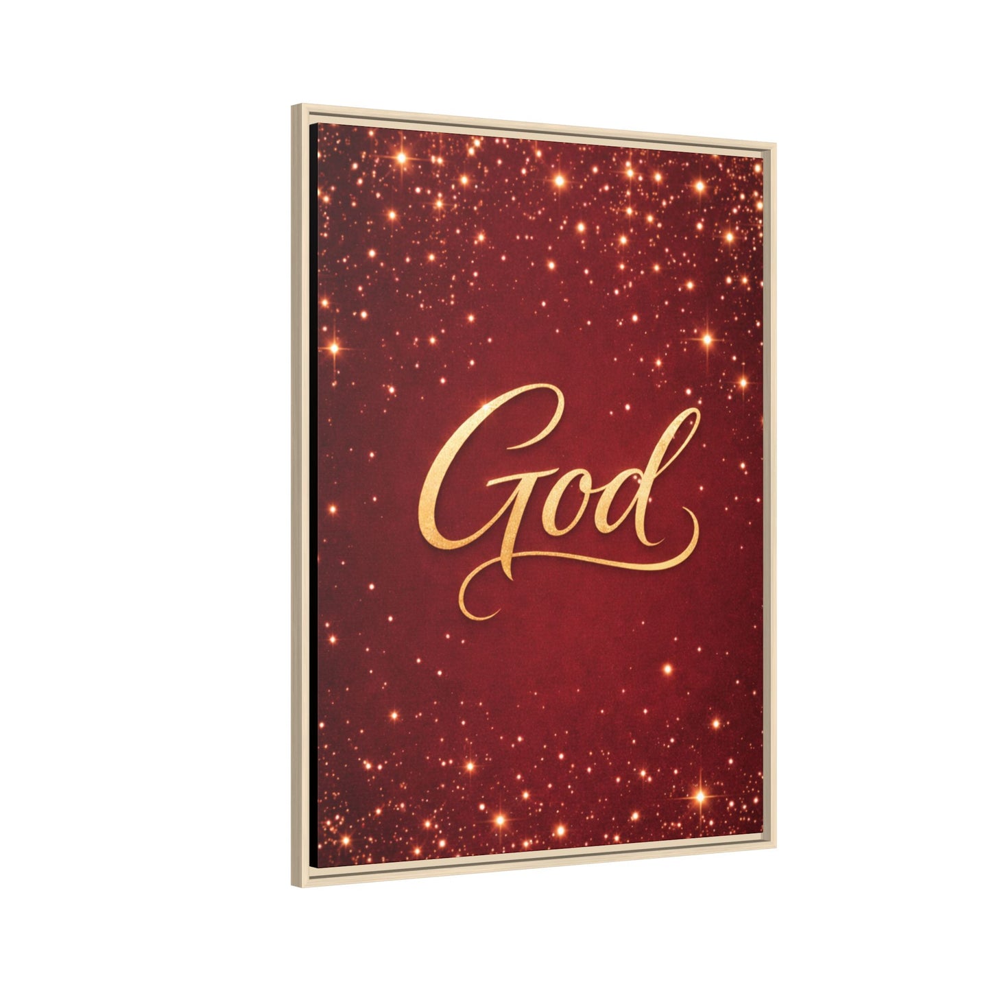 Framed Canvas Wall Art - "God" Gold Script on Red Sparkle Background