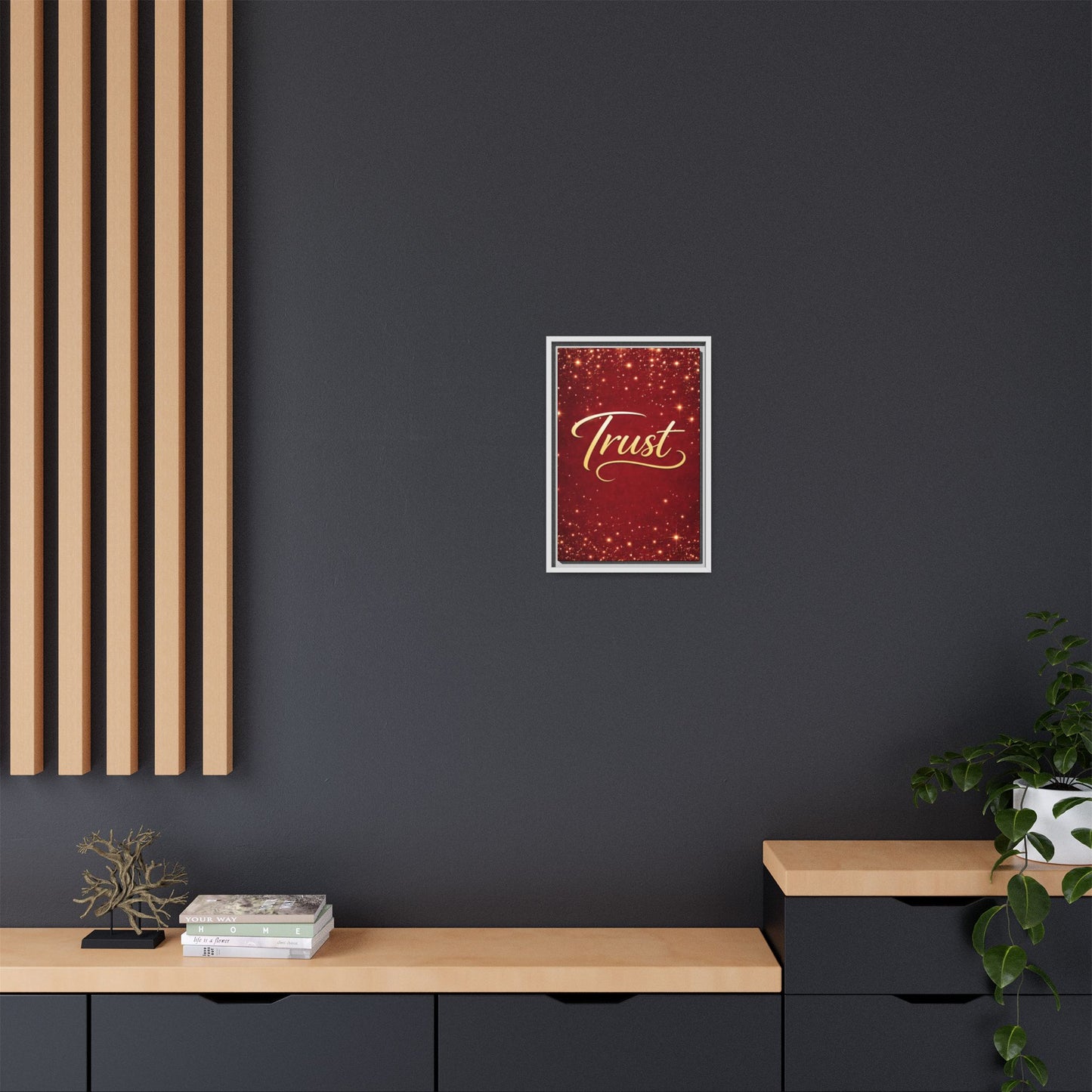 Trust Framed Canvas Wall Art — Gold Script on Sparkling Red Matte