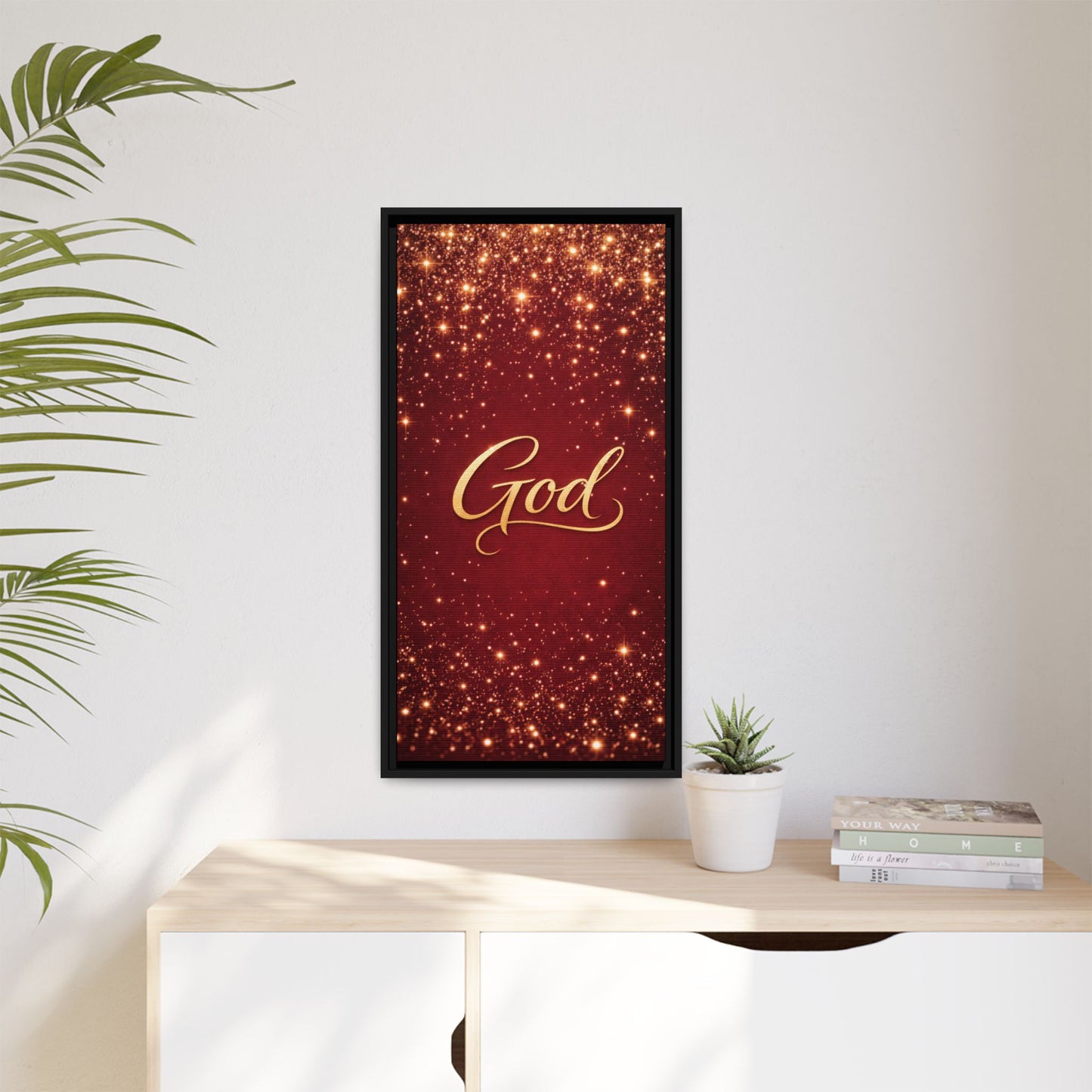 Framed Canvas Wall Art - "God" Gold Script on Red Sparkle Background