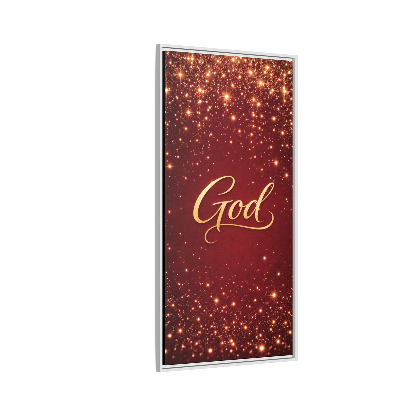 Framed Canvas Wall Art - "God" Gold Script on Red Sparkle Background