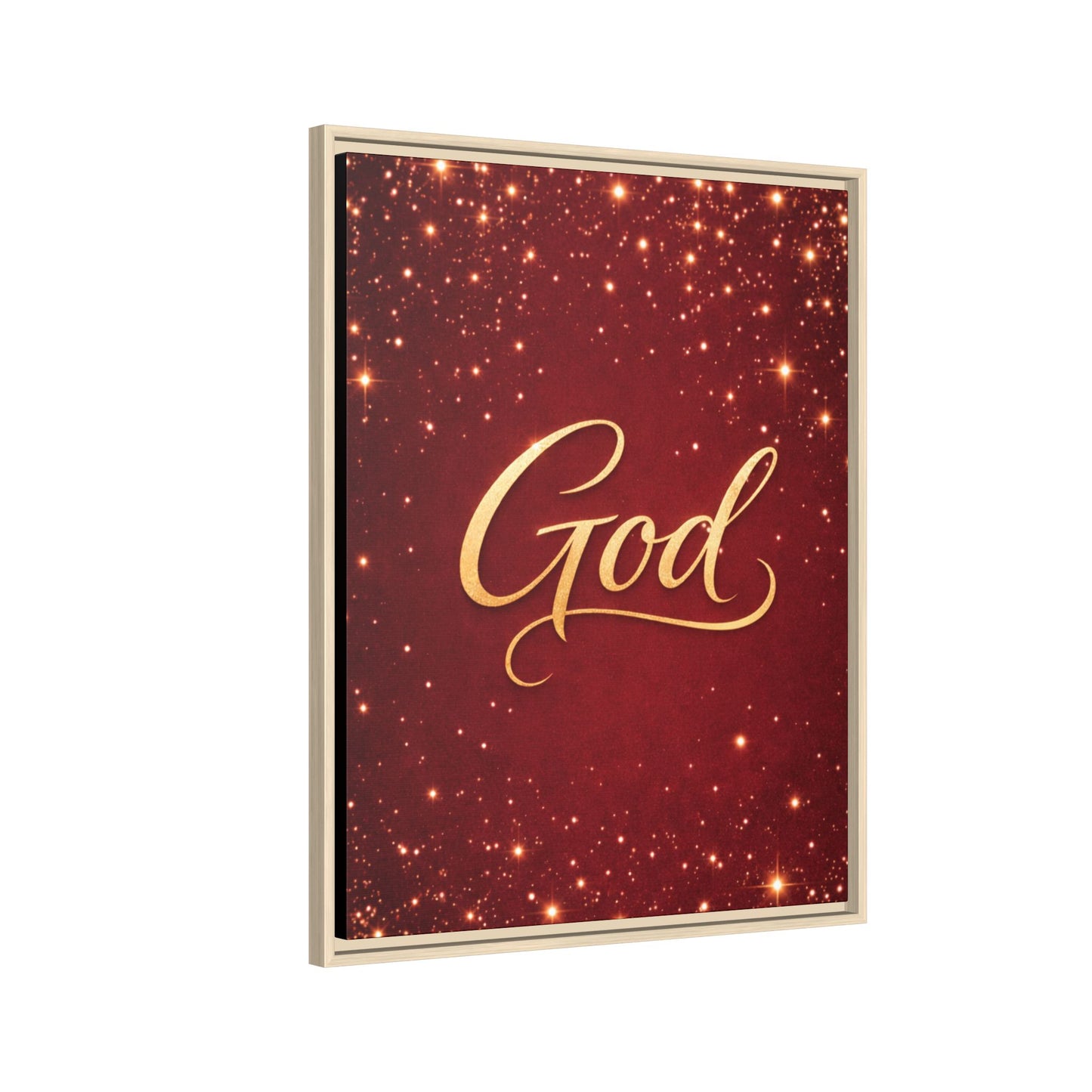 Framed Canvas Wall Art - "God" Gold Script on Red Sparkle Background