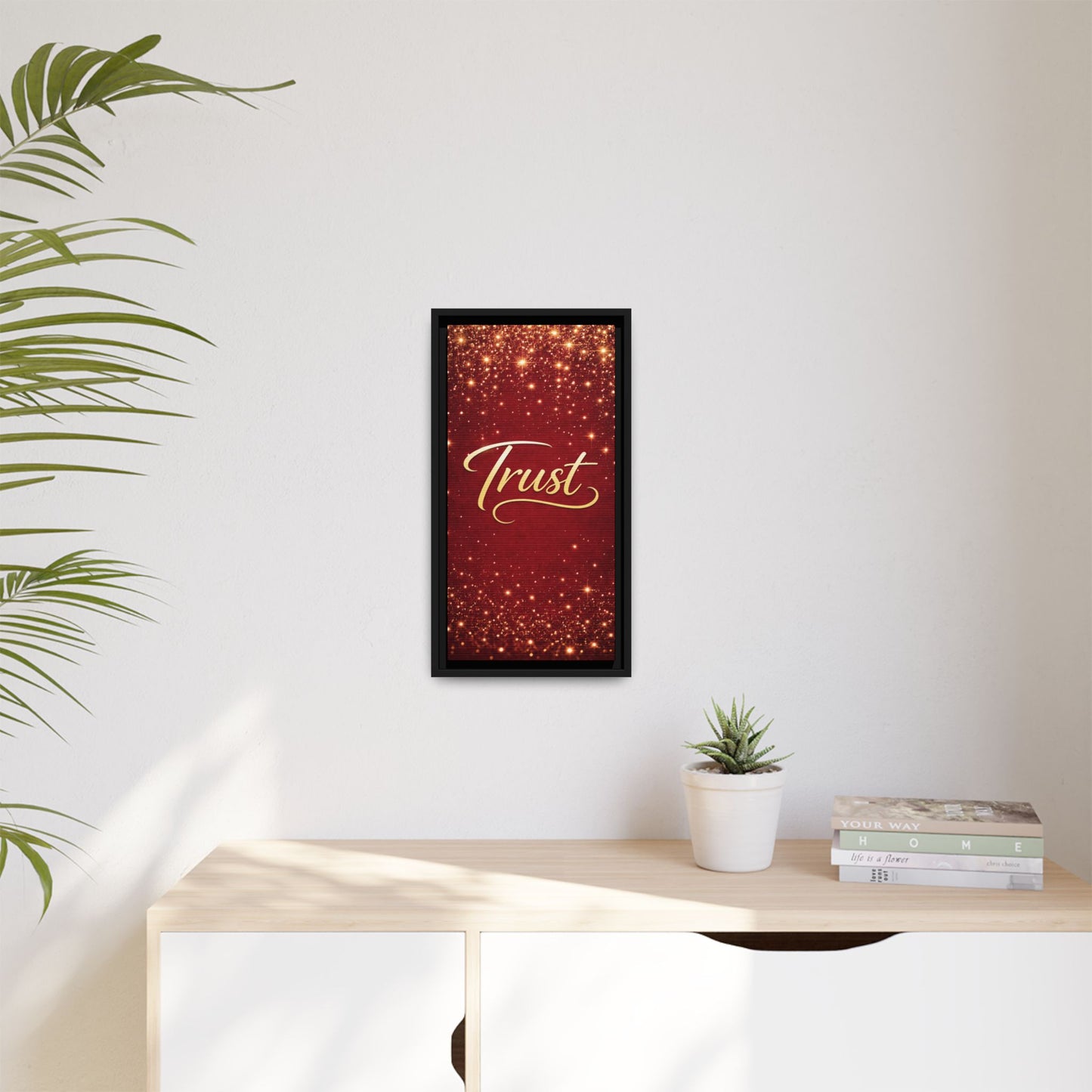 Trust Framed Canvas Wall Art — Gold Script on Sparkling Red Matte