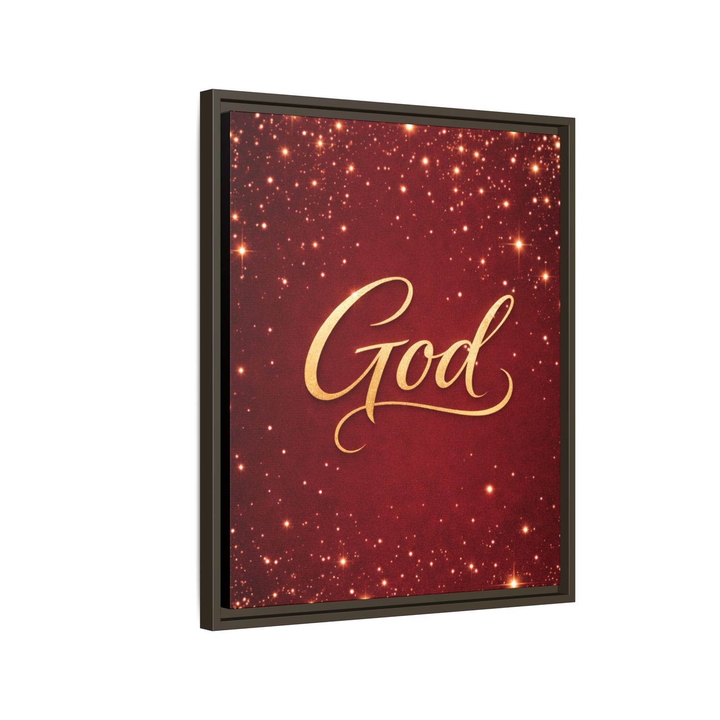 Framed Canvas Wall Art - "God" Gold Script on Red Sparkle Background