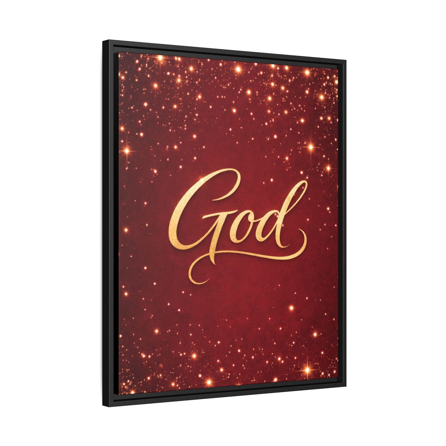 Framed Canvas Wall Art - "God" Gold Script on Red Sparkle Background
