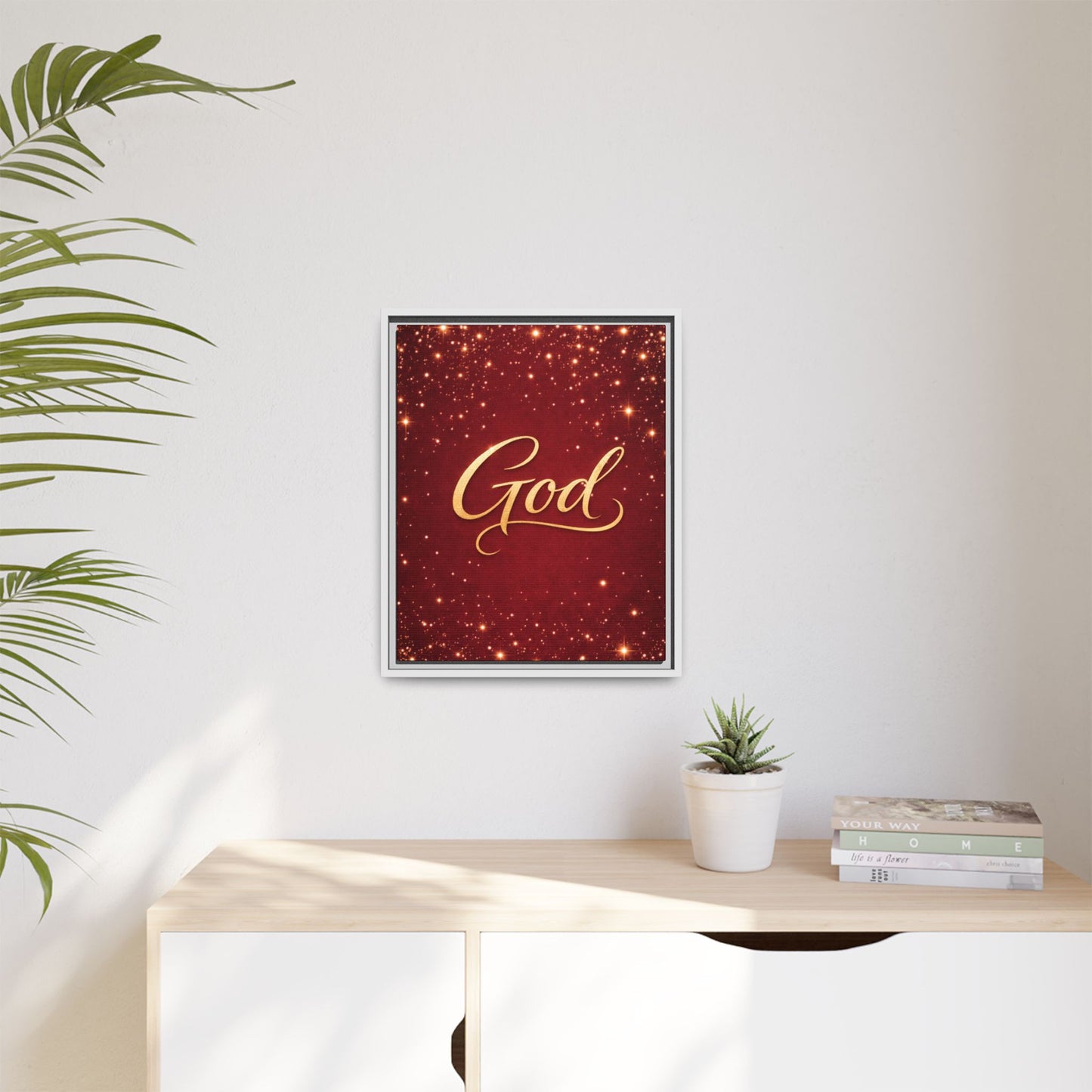 Framed Canvas Wall Art - "God" Gold Script on Red Sparkle Background