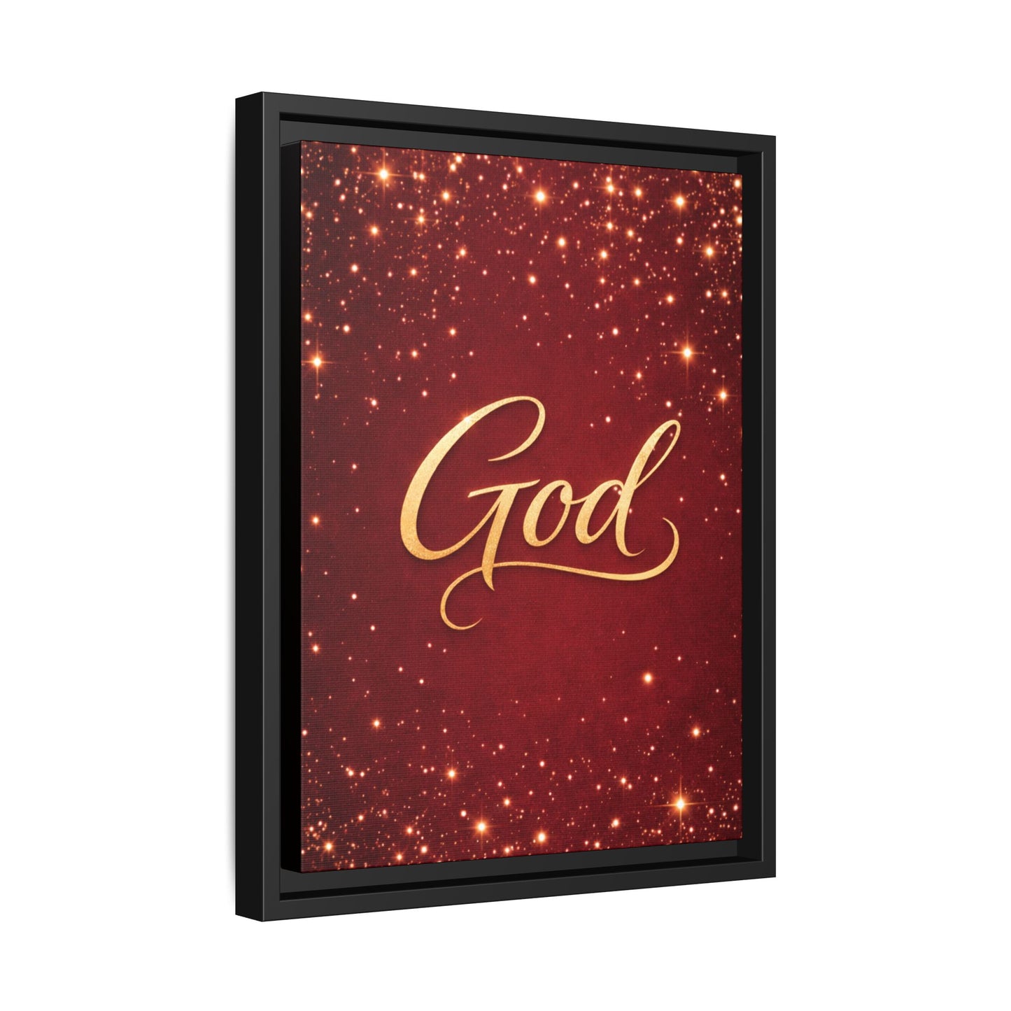Framed Canvas Wall Art - "God" Gold Script on Red Sparkle Background