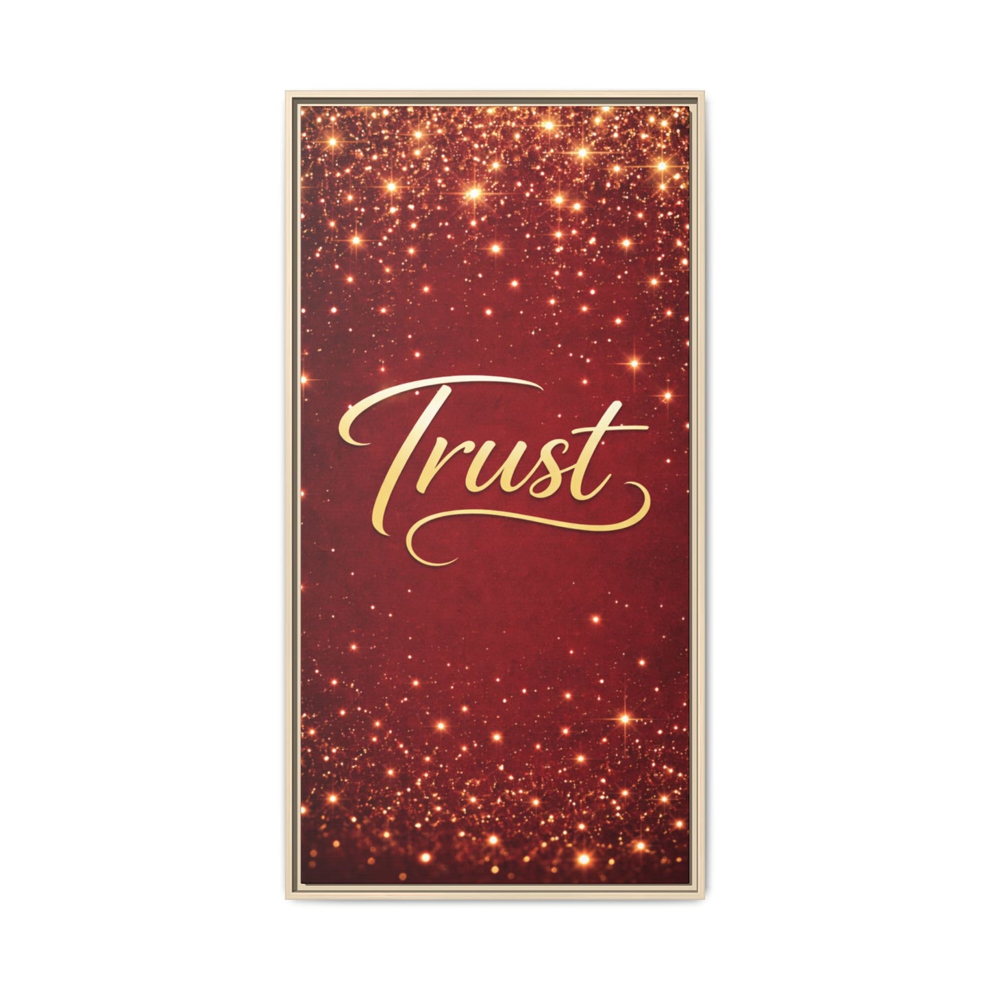 Trust Framed Canvas Wall Art — Gold Script on Sparkling Red Matte