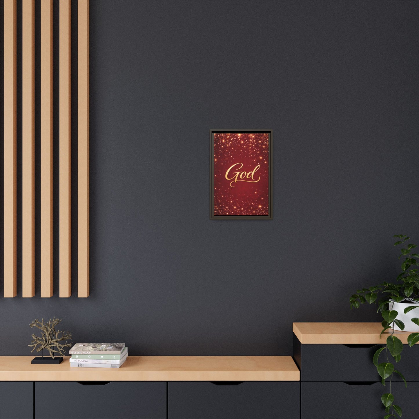 Framed Canvas Wall Art - "God" Gold Script on Red Sparkle Background