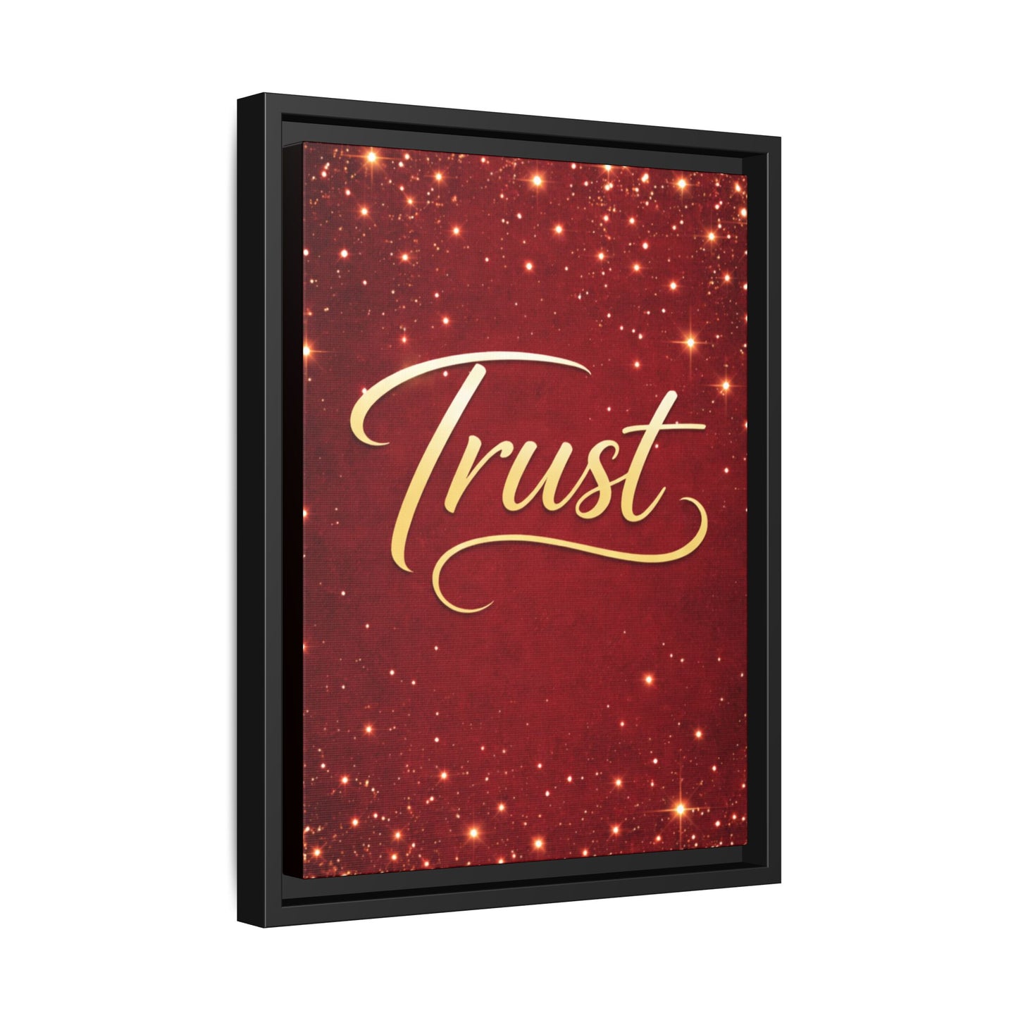 Trust Framed Canvas Wall Art — Gold Script on Sparkling Red Matte