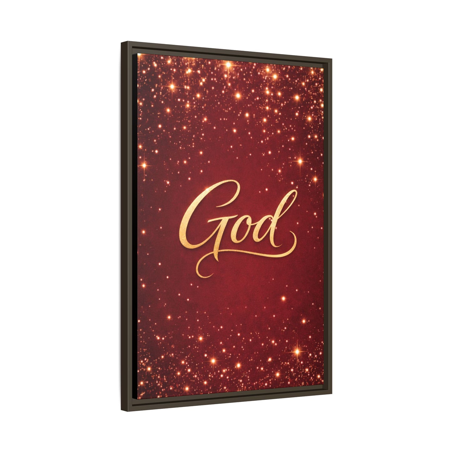 Framed Canvas Wall Art - "God" Gold Script on Red Sparkle Background