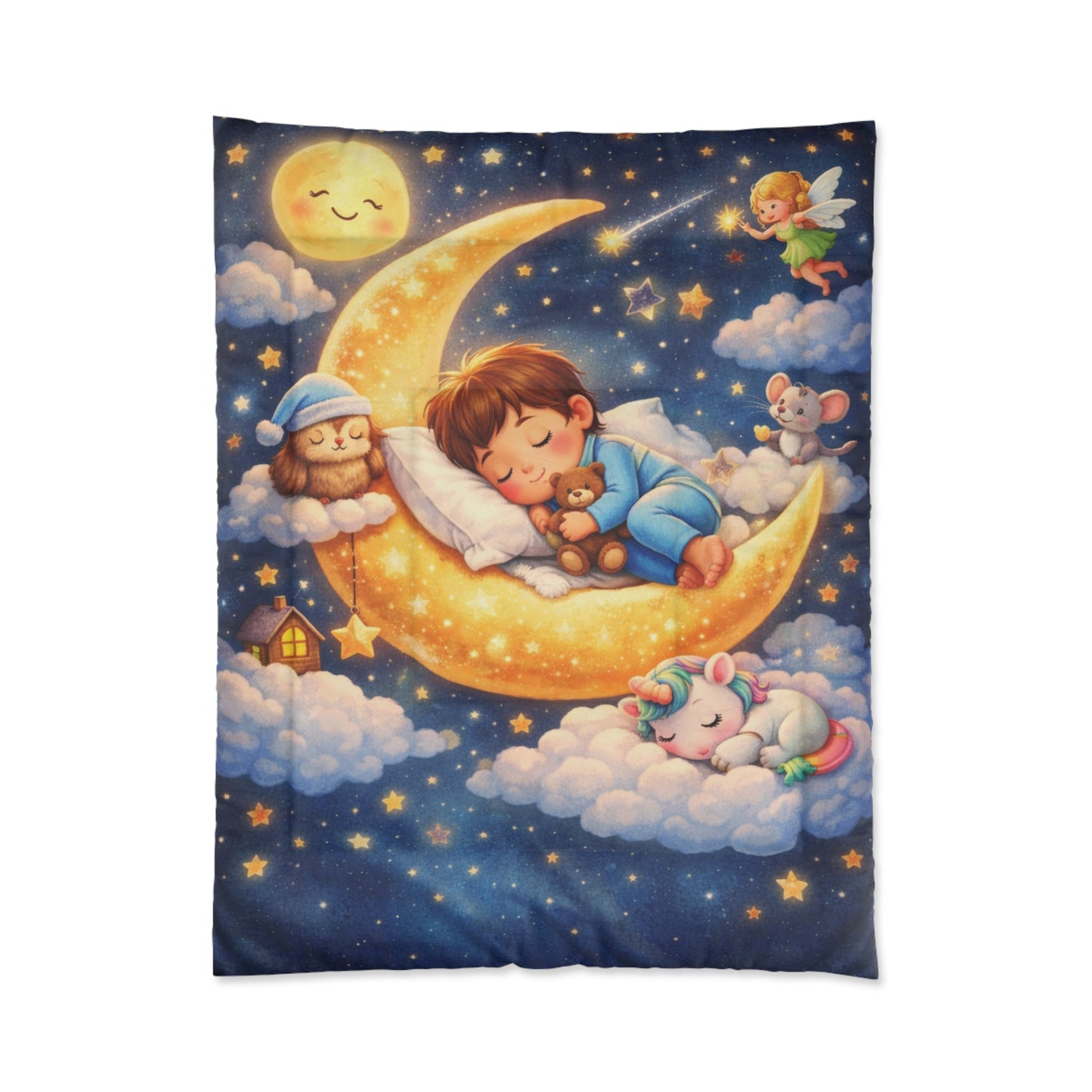 Sleeping Child on Moon comforter | Cute Nursery Starry Night Bedding