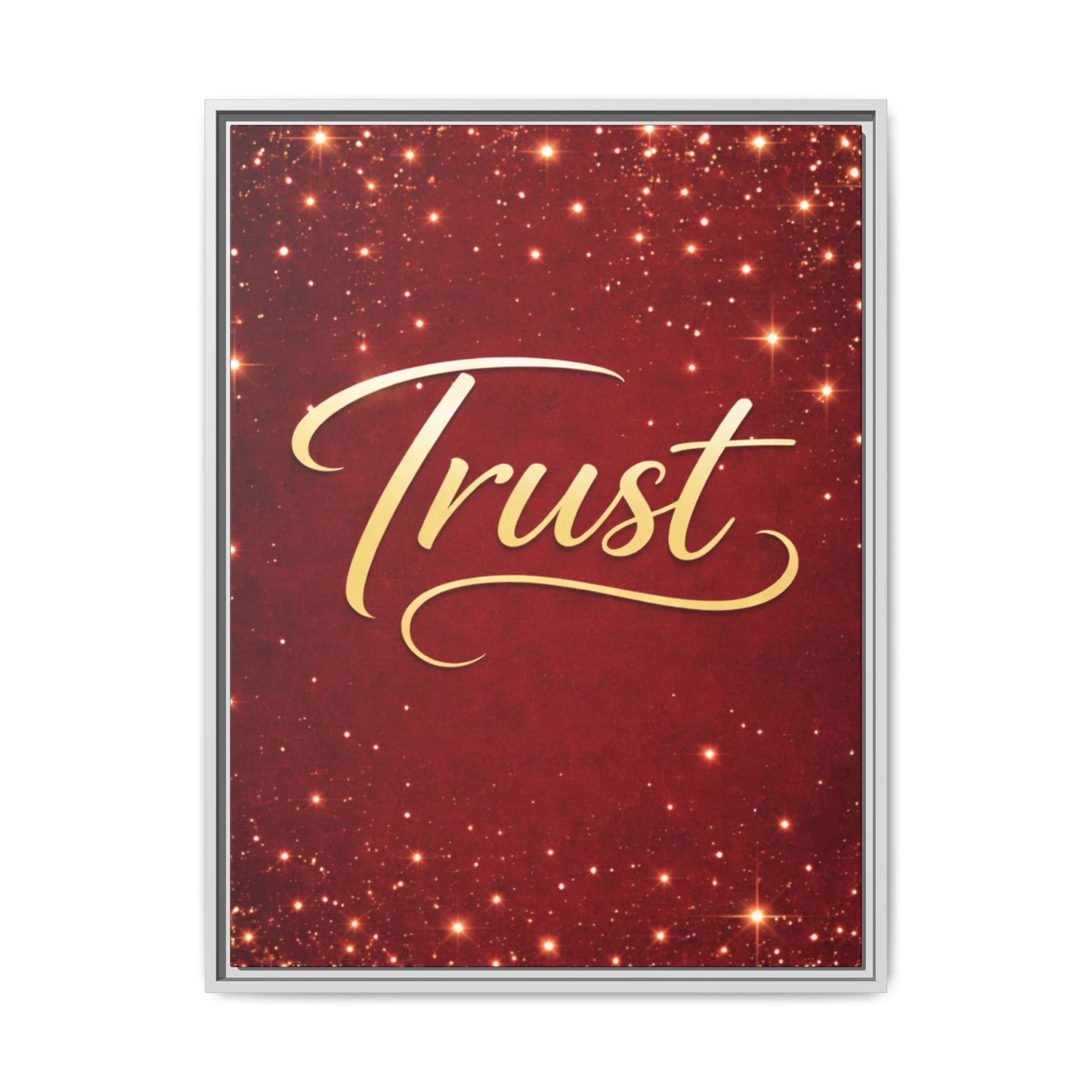 Trust Framed Canvas Wall Art — Gold Script on Sparkling Red Matte