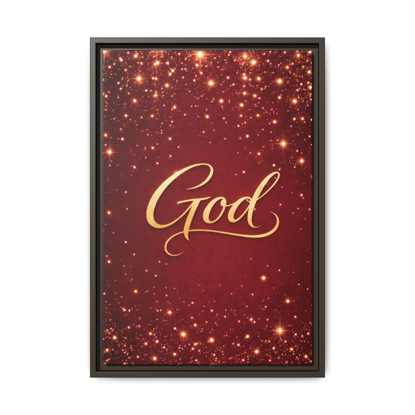 Framed Canvas Wall Art - "God" Gold Script on Red Sparkle Background