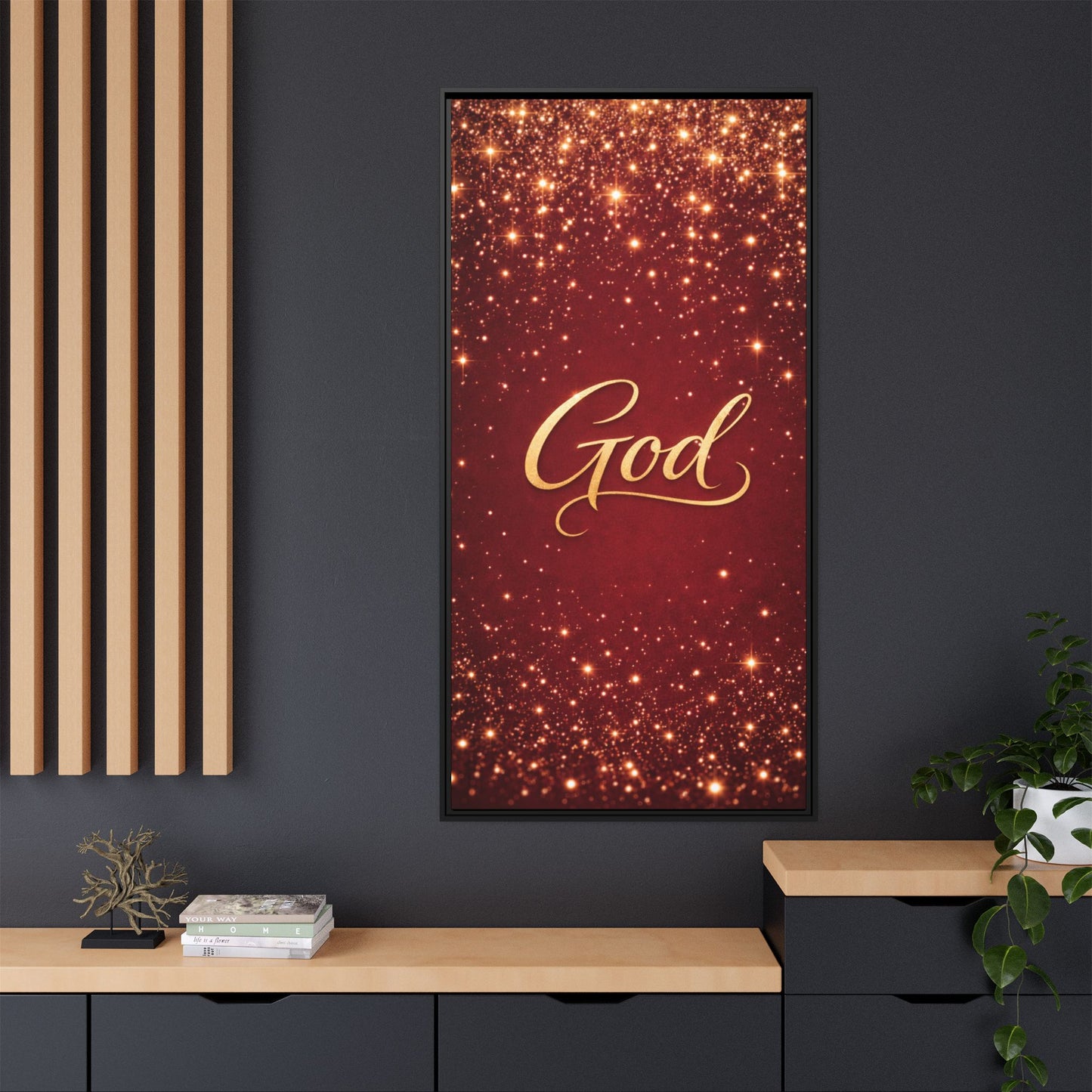 Framed Canvas Wall Art - "God" Gold Script on Red Sparkle Background
