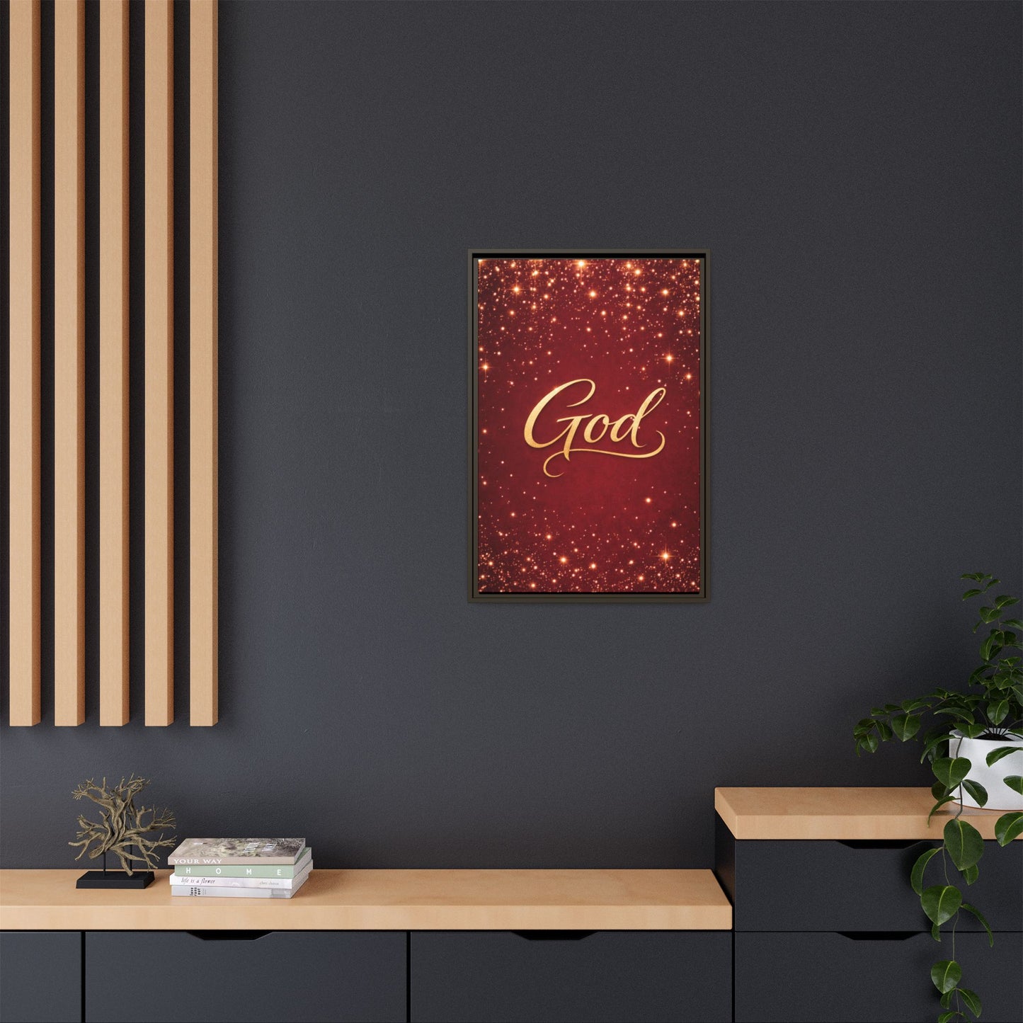 Framed Canvas Wall Art - "God" Gold Script on Red Sparkle Background