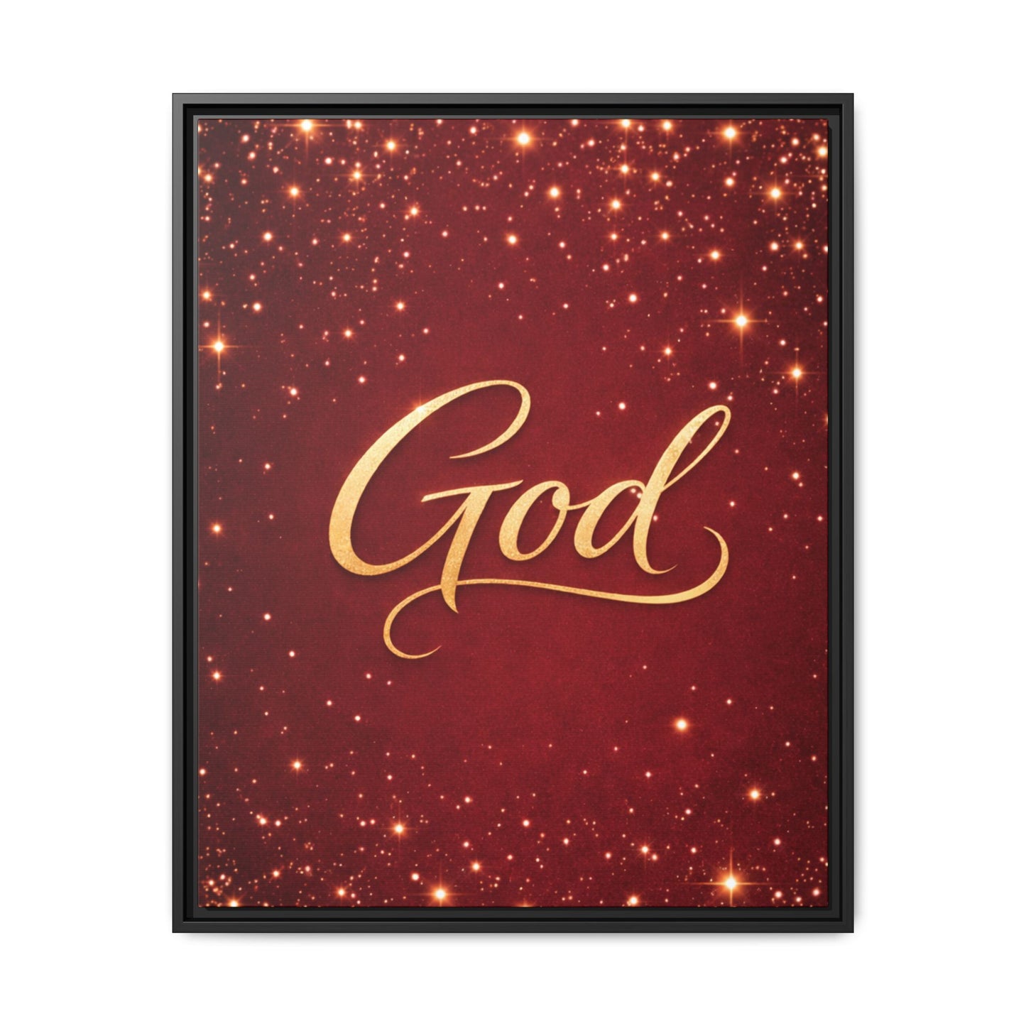 Framed Canvas Wall Art - "God" Gold Script on Red Sparkle Background
