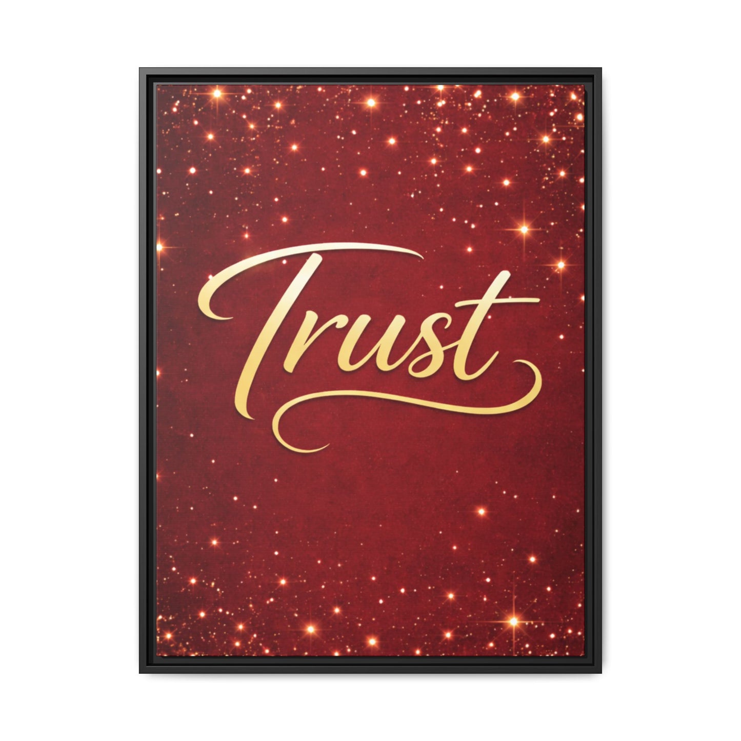 Trust Framed Canvas Wall Art — Gold Script on Sparkling Red Matte