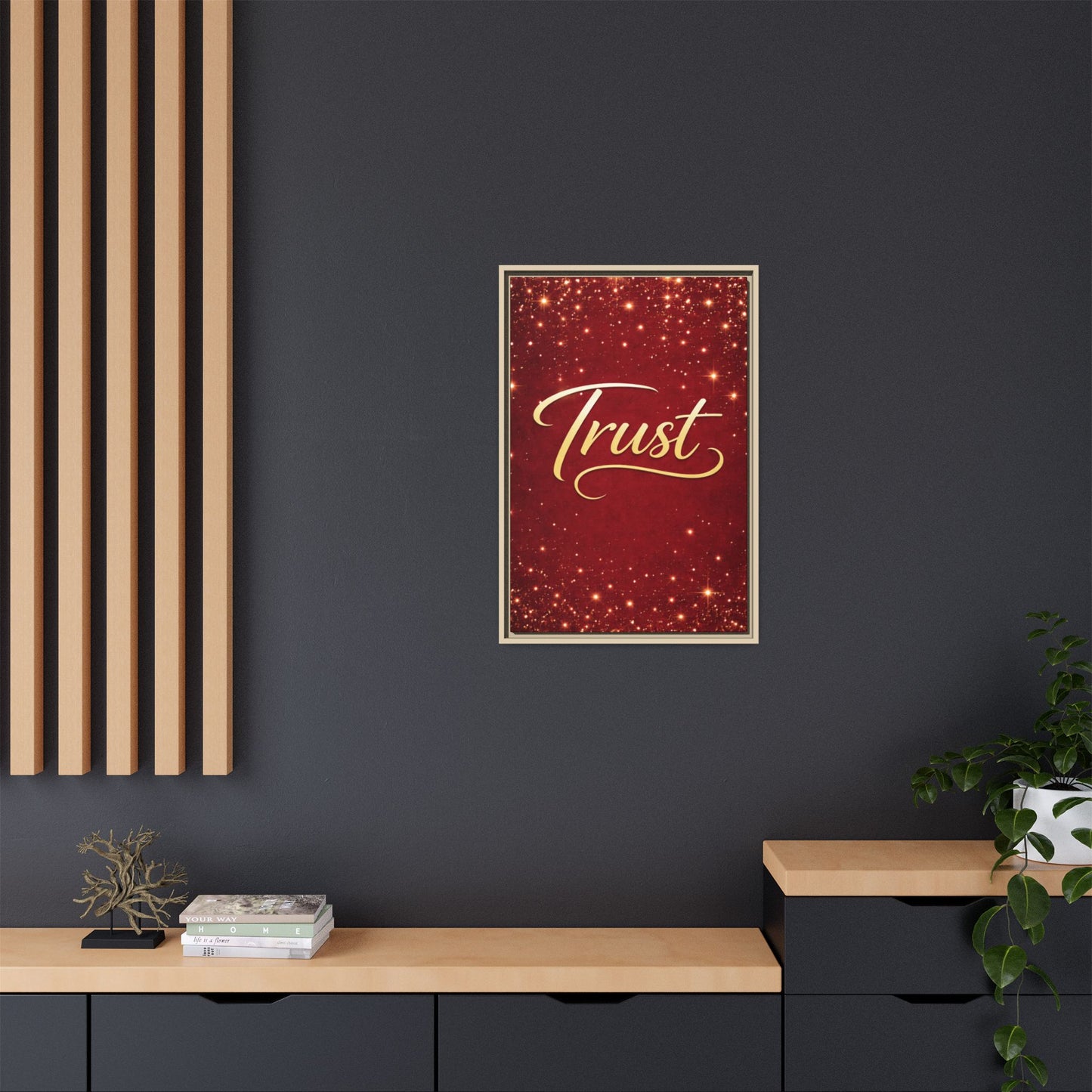 Trust Framed Canvas Wall Art — Gold Script on Sparkling Red Matte