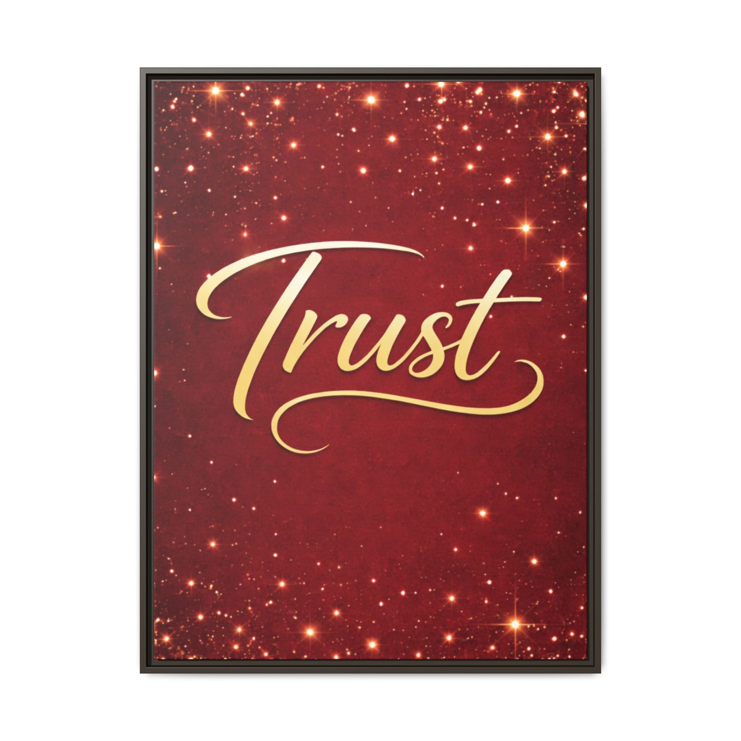 Trust Framed Canvas Wall Art — Gold Script on Sparkling Red Matte