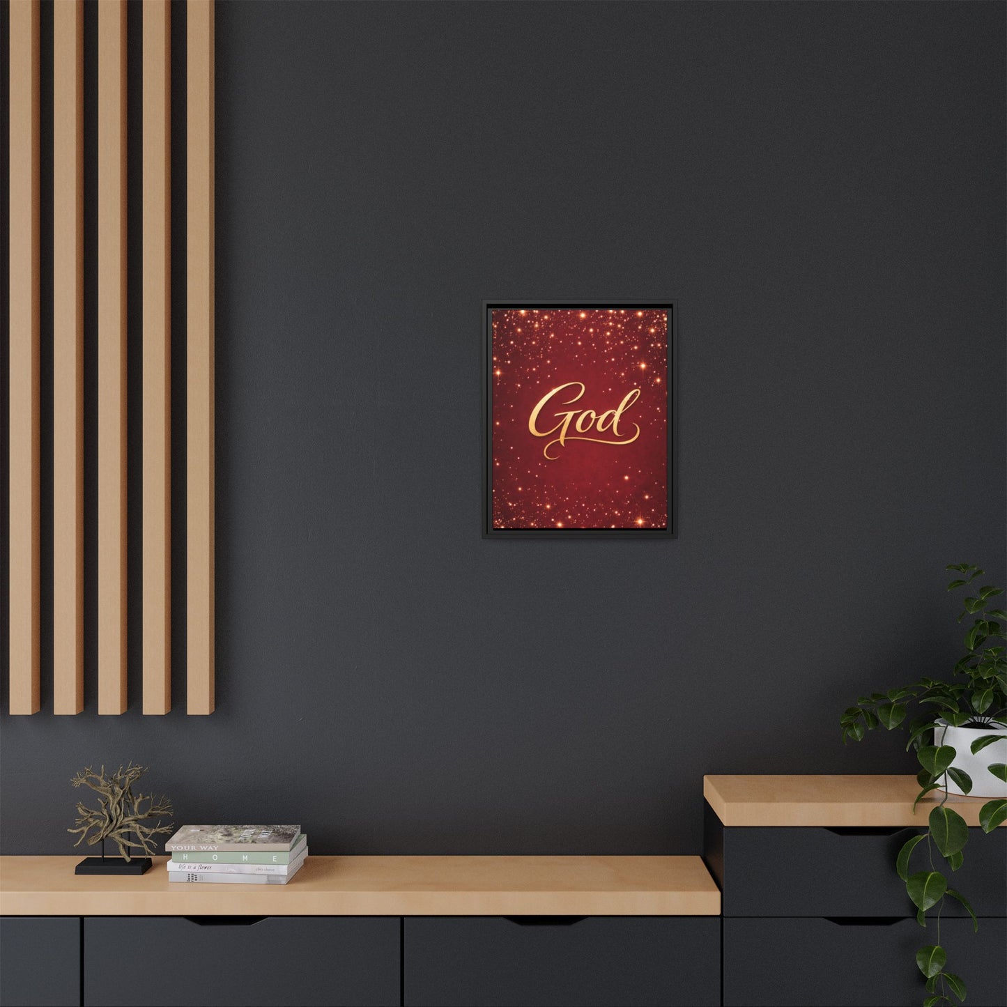 Framed Canvas Wall Art - "God" Gold Script on Red Sparkle Background