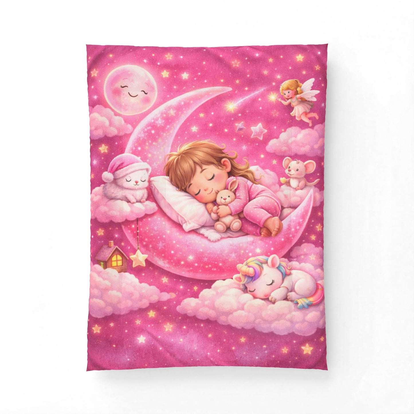 Sleeping Girl on Moon comforter | Pink Unicorn Cloud Nursery blanket