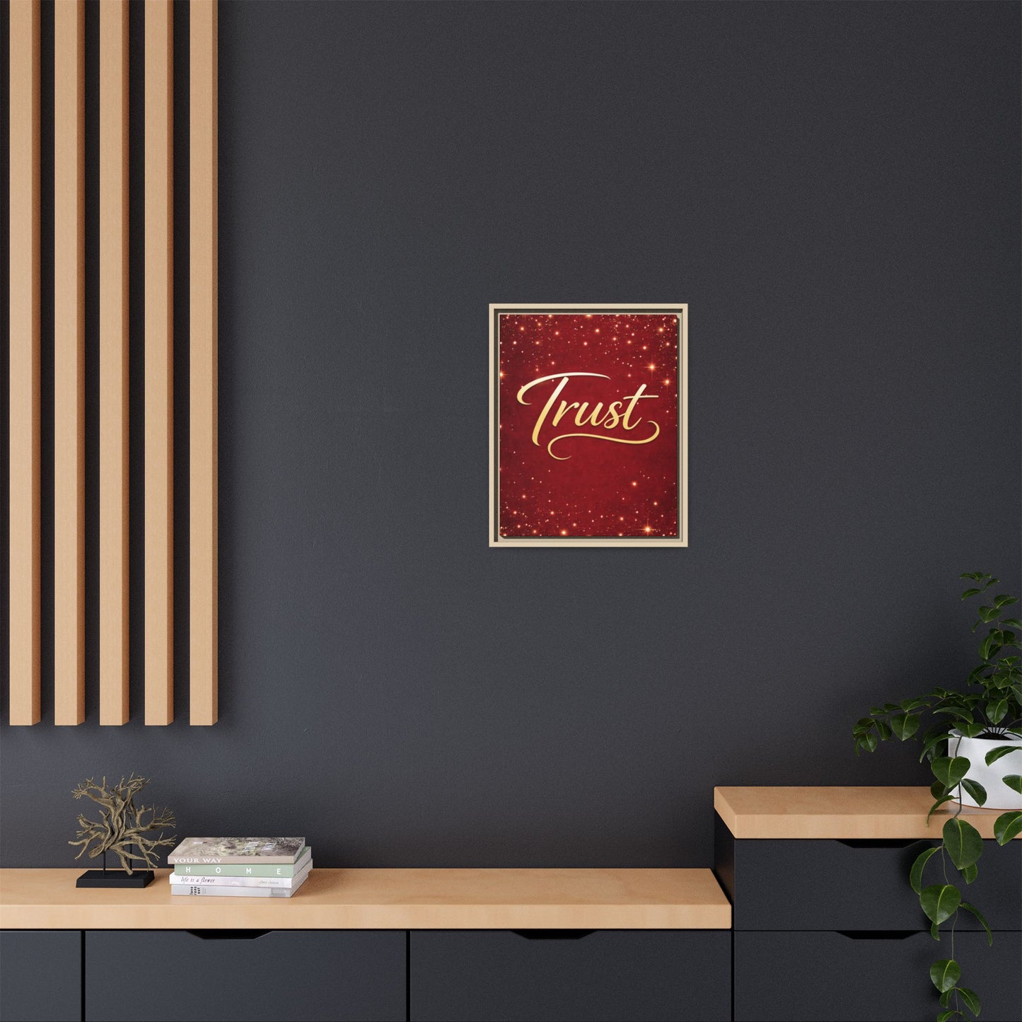 Trust Framed Canvas Wall Art — Gold Script on Sparkling Red Matte