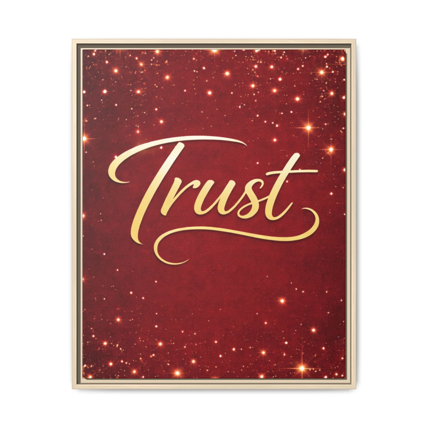 Trust Framed Canvas Wall Art — Gold Script on Sparkling Red Matte