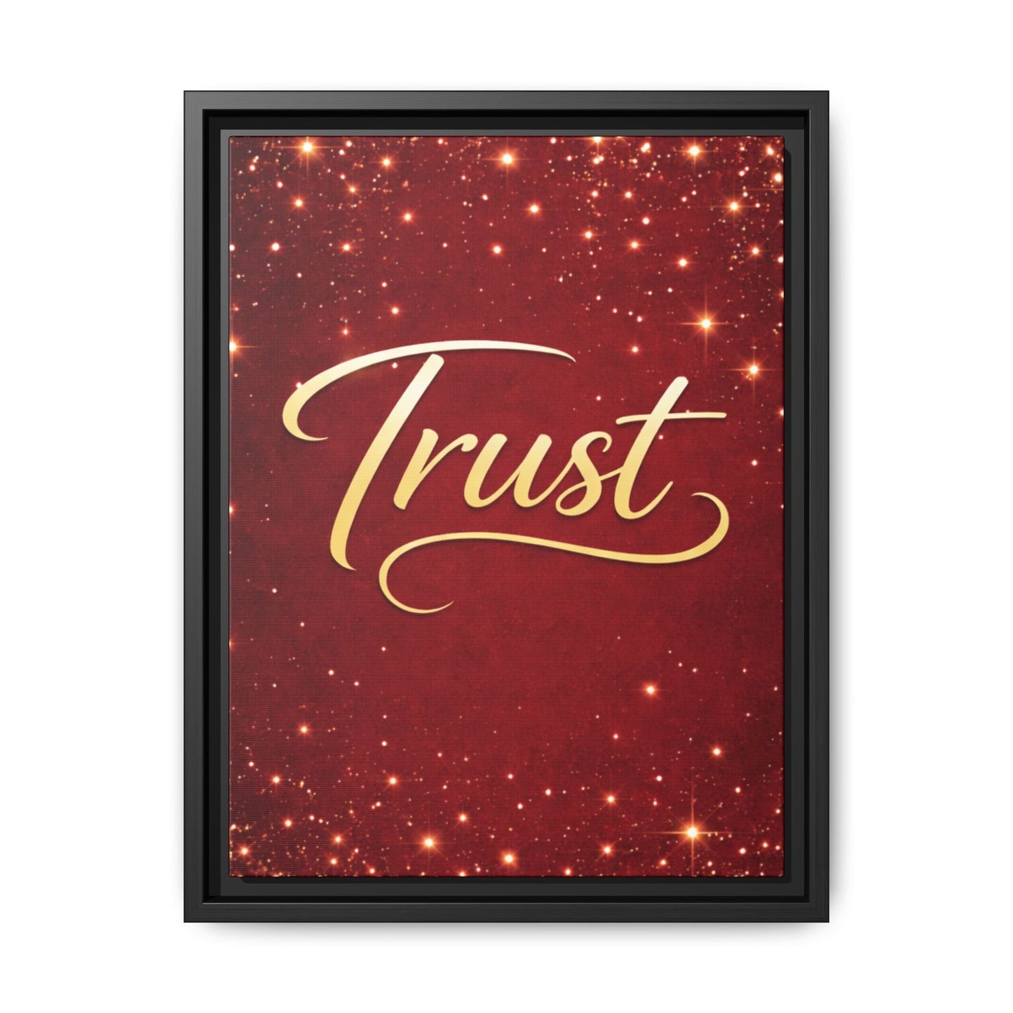Trust Framed Canvas Wall Art — Gold Script on Sparkling Red Matte