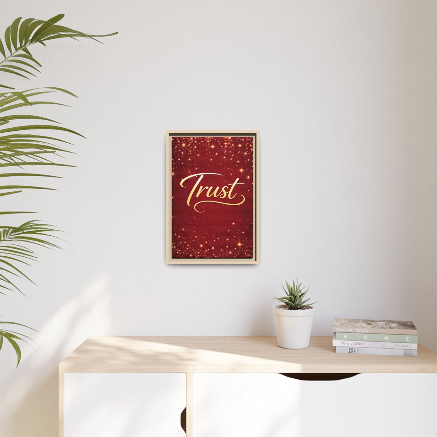 Trust Framed Canvas Wall Art — Gold Script on Sparkling Red Matte