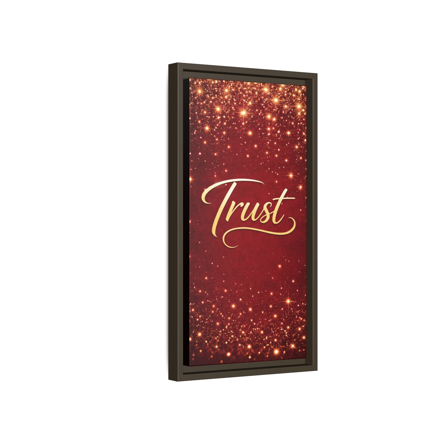 Trust Framed Canvas Wall Art — Gold Script on Sparkling Red Matte