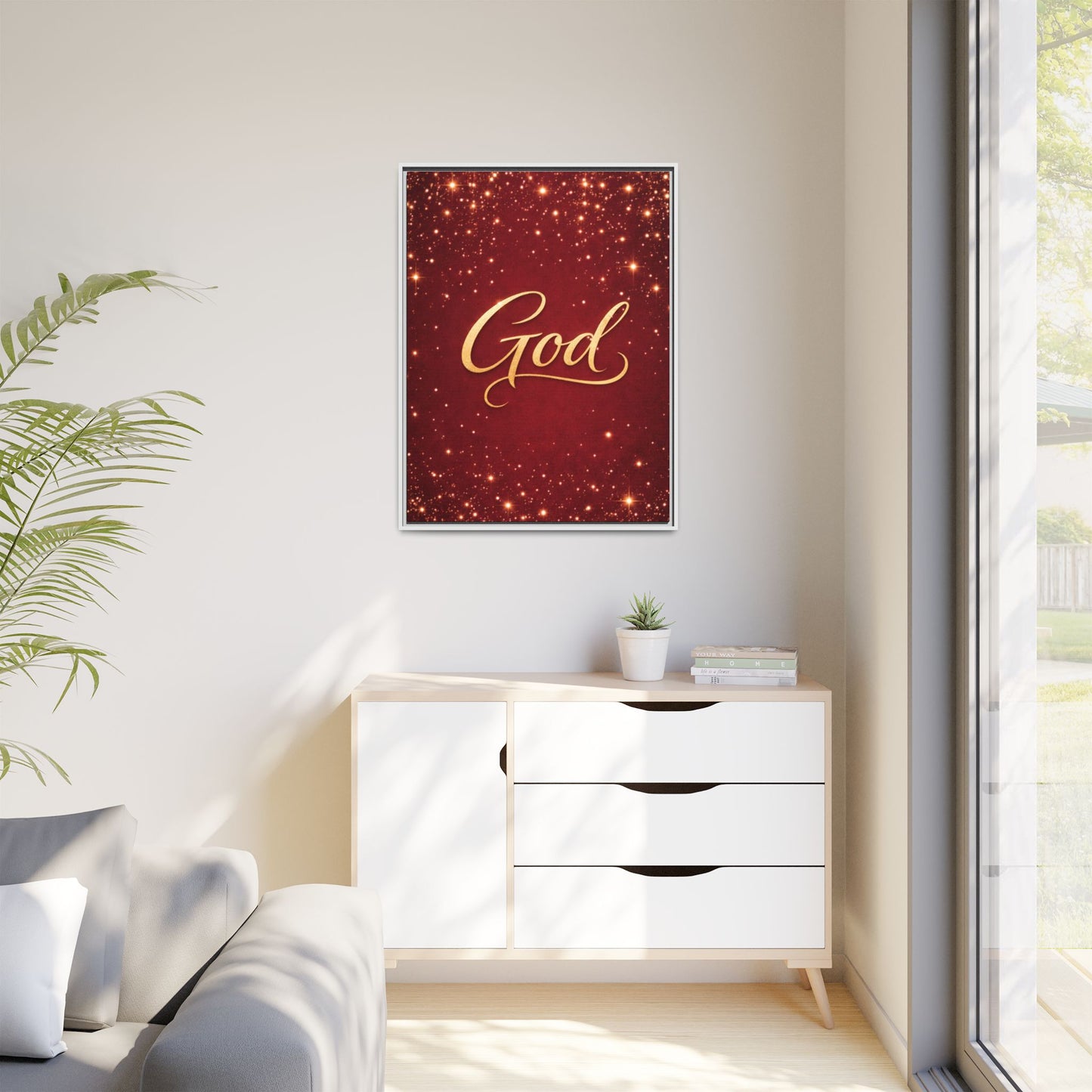 Framed Canvas Wall Art - "God" Gold Script on Red Sparkle Background