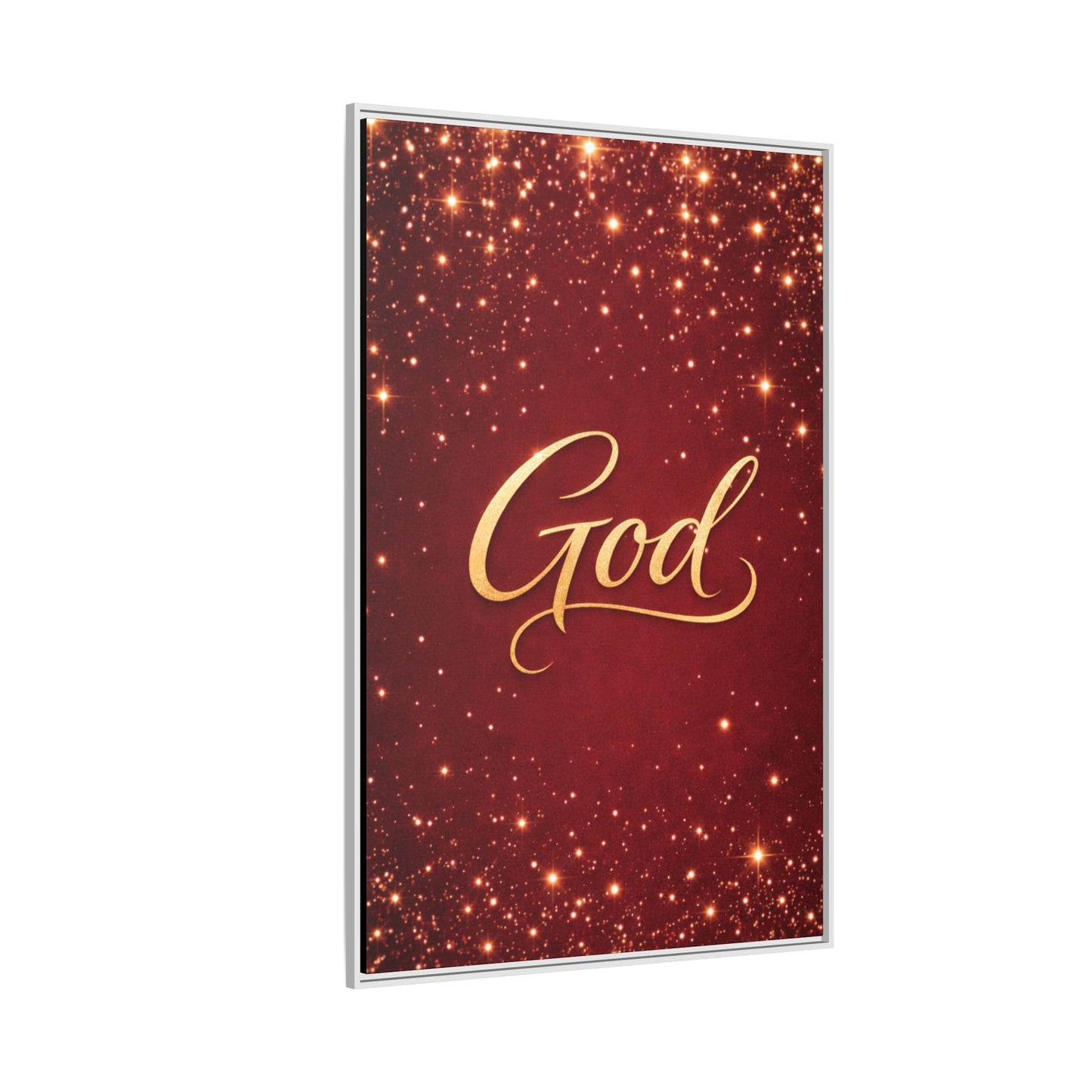 Framed Canvas Wall Art - "God" Gold Script on Red Sparkle Background