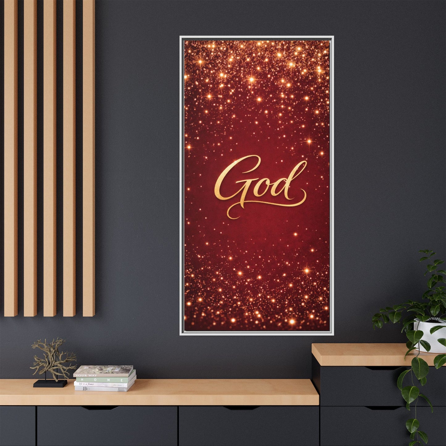 Framed Canvas Wall Art - "God" Gold Script on Red Sparkle Background