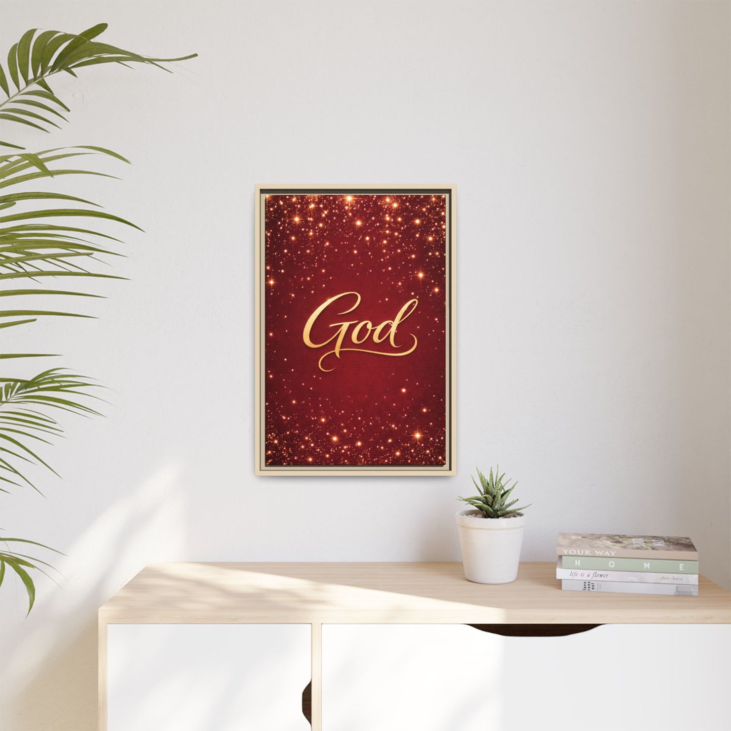 Framed Canvas Wall Art - "God" Gold Script on Red Sparkle Background